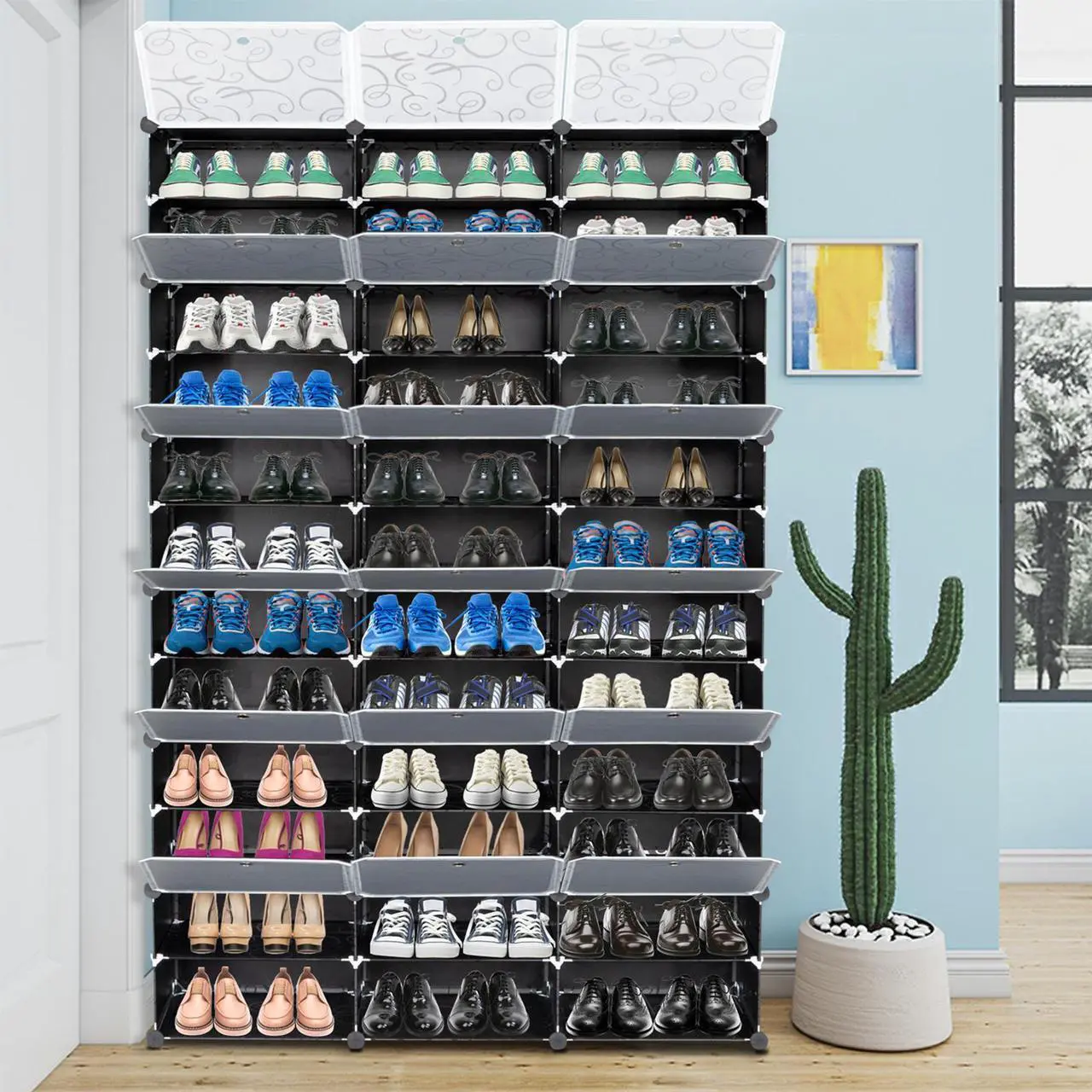 Alt view image 6 of 6 - 36-Cube Stackable Shoe Organizer, DIY Plastic Shoe Storage Rack 72 Pair Modular Shoe Cabinet, Black