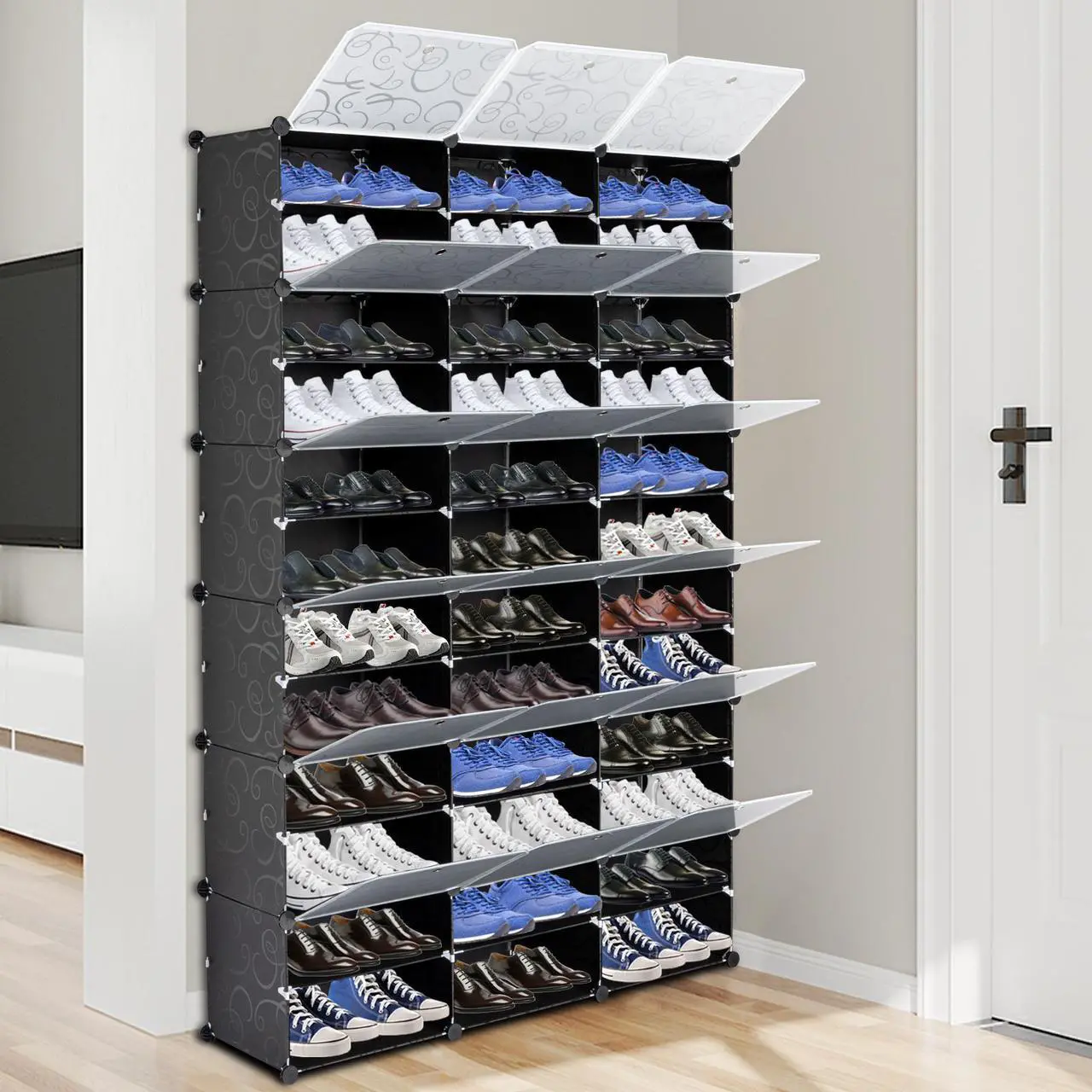 Main image of 36-Cube Stackable Shoe Organizer, DIY Plastic Shoe Storage Rack 72 Pair Modular Shoe Cabinet, Black