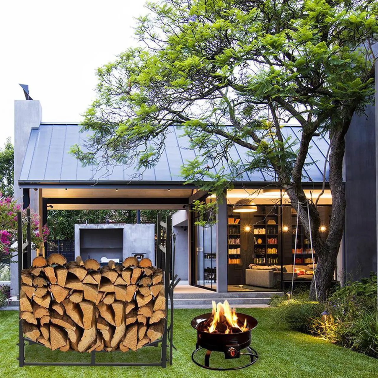 Alt view image 7 of 7 - 30" Firewood Rack Fireplace Tool Rack Indoor Wood Holders Fireplace Tools Set Tongs Accessories