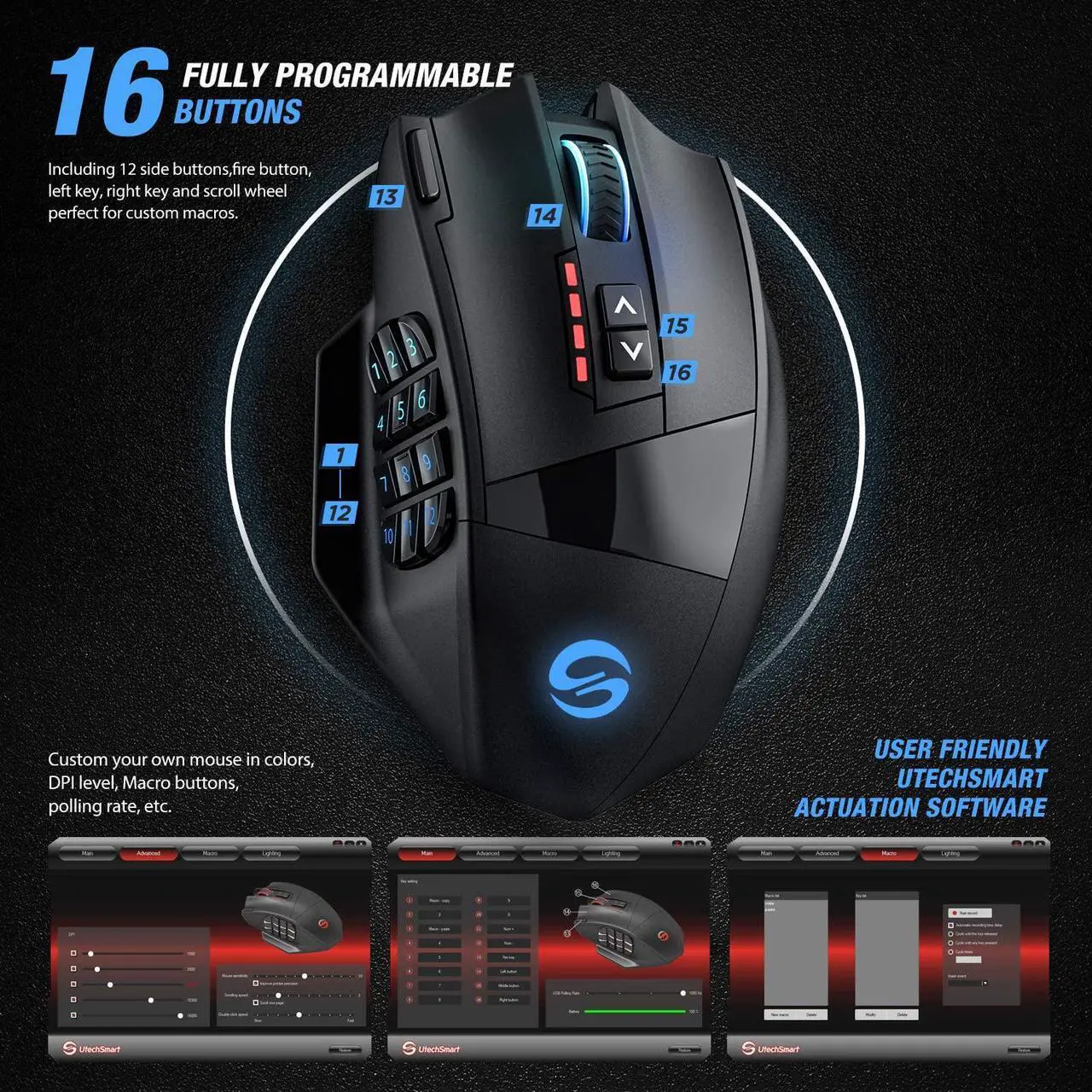 Alt view image 5 of 6 - Venus Pro RGB Wireless MMO Gaming Mouse 16 000 DPI Optical Sensor 2.4 GHz Transmission Technology Ergonomic Design 16M Chroma RGB Lighting 16 programmable Buttons Up to 70 Hours