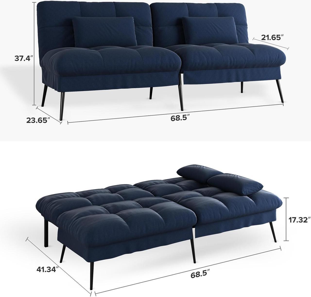 Alt view image 2 of 6 - COMHOMA Convertible Futon Sofa Bed, 68Fabric Futon Couch with Adjustable Backrest, Folding Futon Sleeper Recliner for Living Room Furniture ( Blue)