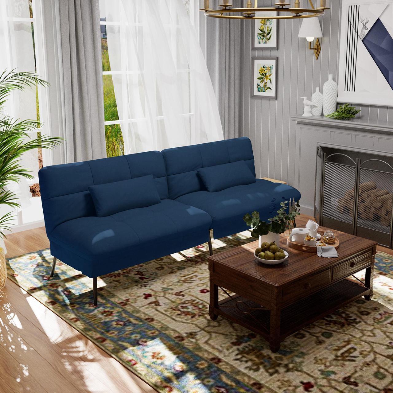Alt view image 3 of 6 - COMHOMA Convertible Futon Sofa Bed, 68Fabric Futon Couch with Adjustable Backrest, Folding Futon Sleeper Recliner for Living Room Furniture ( Blue)