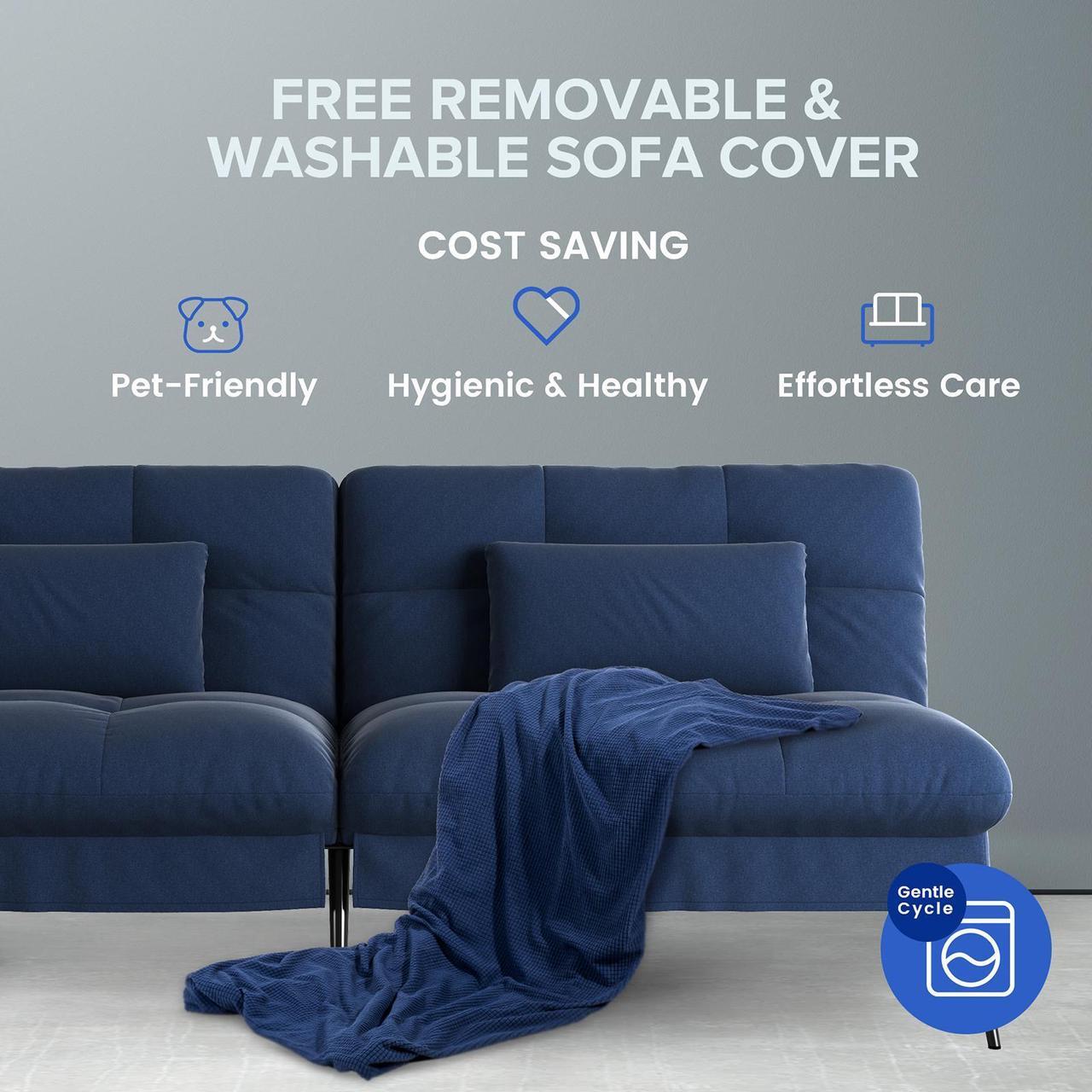 Alt view image 4 of 6 - COMHOMA Convertible Futon Sofa Bed, 68Fabric Futon Couch with Adjustable Backrest, Folding Futon Sleeper Recliner for Living Room Furniture ( Blue)