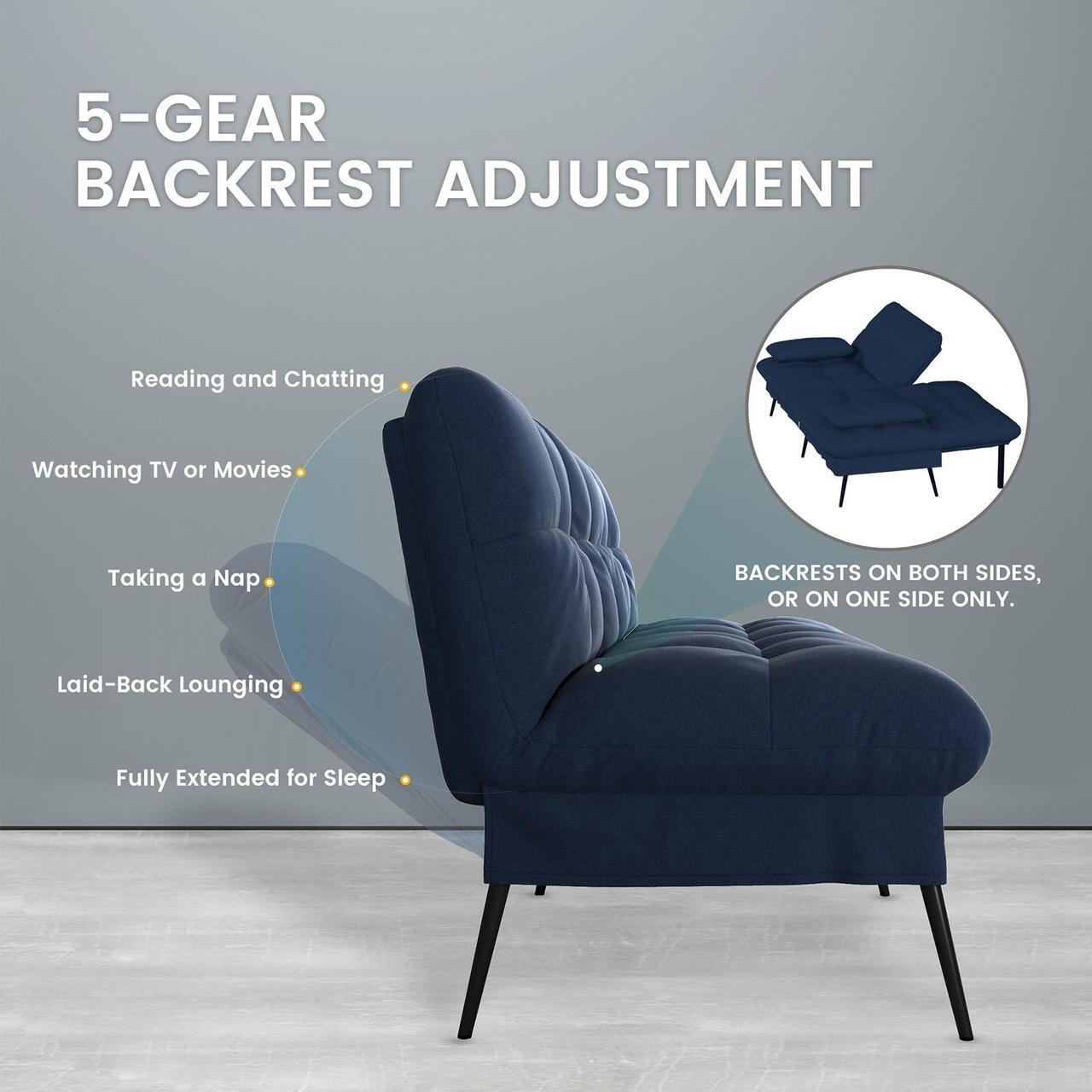 Alt view image 5 of 6 - COMHOMA Convertible Futon Sofa Bed, 68Fabric Futon Couch with Adjustable Backrest, Folding Futon Sleeper Recliner for Living Room Furniture ( Blue)