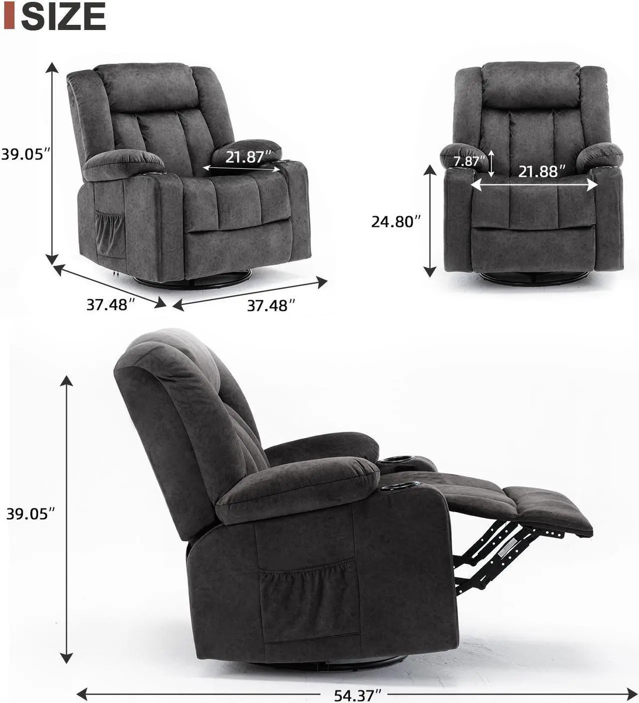 Alt view image 2 of 4 - GTPLAYER Recliner Chair Massage Rocker with Heated 360 Degree Swivel Lazy Boy Recliner Single Sofa Seat with Cup Holders for Living Room (Dark Grey)