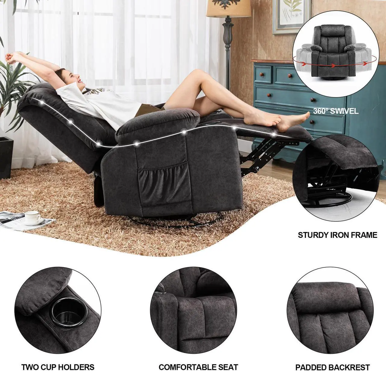 Alt view image 3 of 4 - GTPLAYER Recliner Chair Massage Rocker with Heated 360 Degree Swivel Lazy Boy Recliner Single Sofa Seat with Cup Holders for Living Room (Dark Grey)
