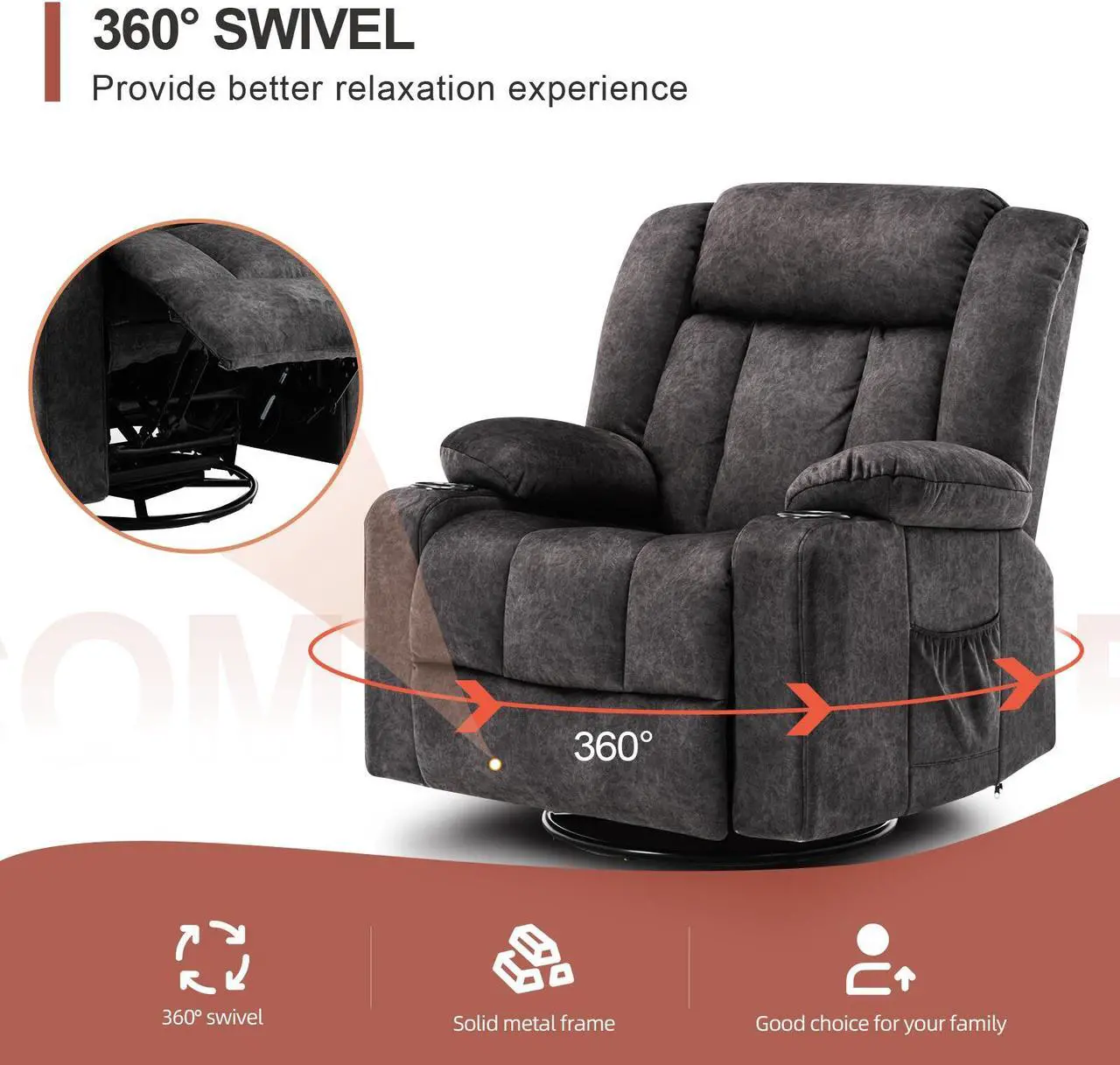 Alt view image 4 of 4 - GTPLAYER Recliner Chair Massage Rocker with Heated 360 Degree Swivel Lazy Boy Recliner Single Sofa Seat with Cup Holders for Living Room (Dark Grey)