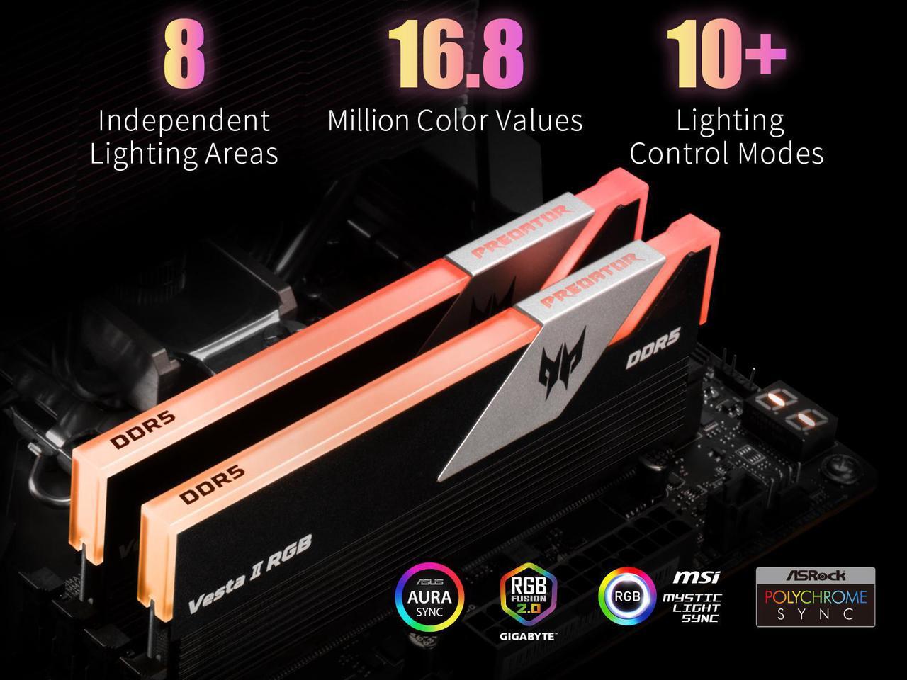 Alt view image 3 of 7 - Acer Predator Vesta II RGB DDR5 Gaming RAM Stick 32GB (16GBx2) 5200MHz PC5-41600 CL38 288-Pin Computer Memoria for Desktop PC - BL.9BWWR.316