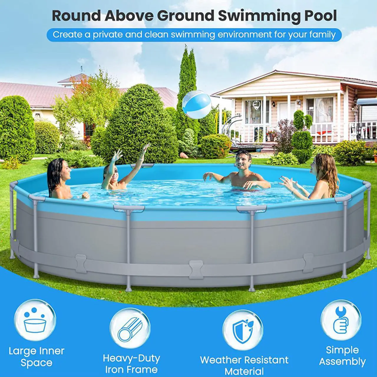 Alt view image 3 of 7 - Above Ground Swimming Pools with Pump 12ft x 12ft x 30inch for Family Water Sport Backyard Garden