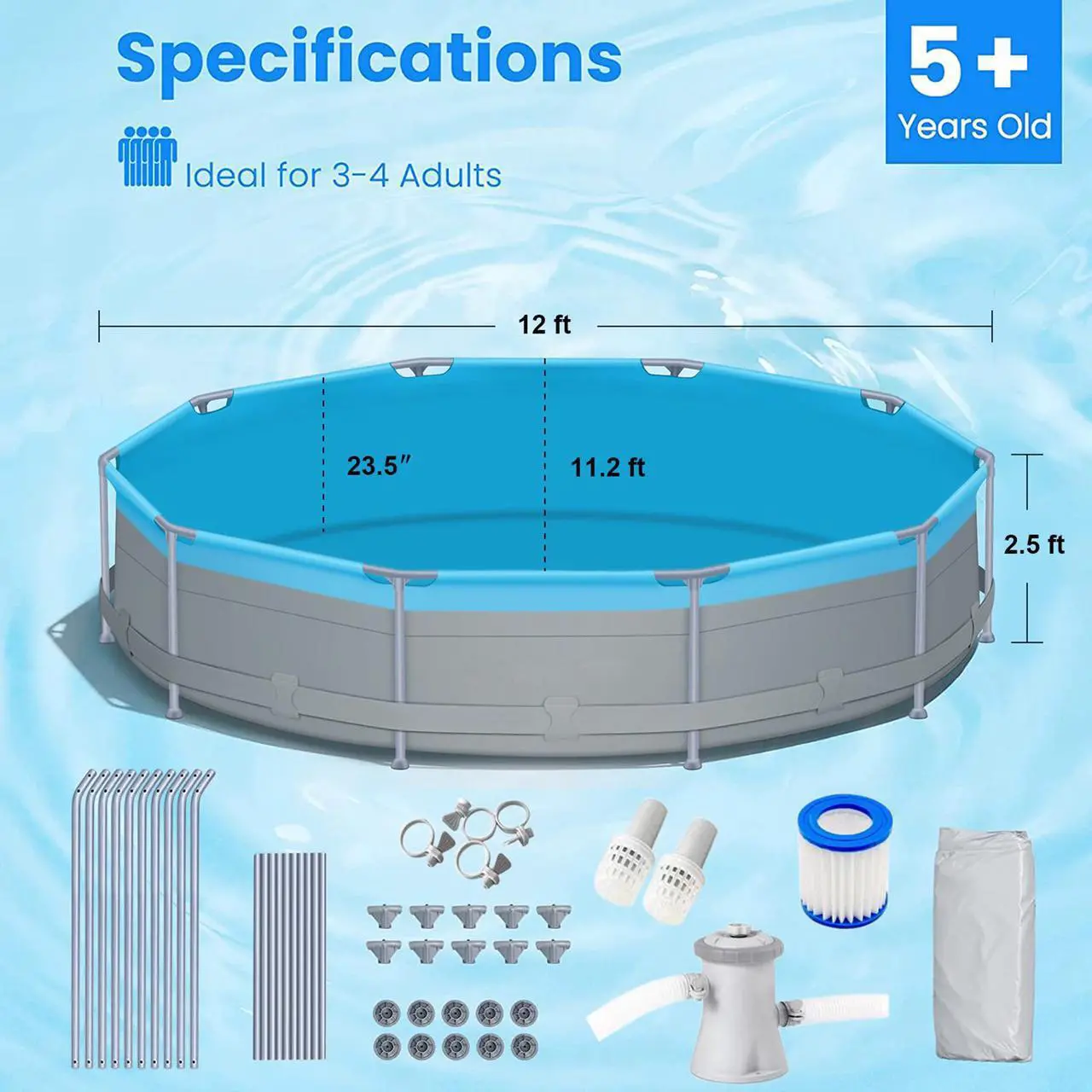 Alt view image 6 of 7 - Above Ground Swimming Pools with Pump 12ft x 12ft x 30inch for Family Water Sport Backyard Garden