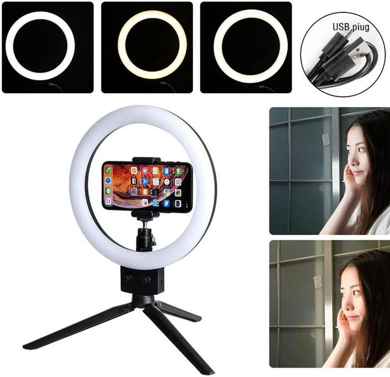 Main image of Infinite Dimming Double Color Temperature LED Ring Lamp and Mini Tabletop Tripod