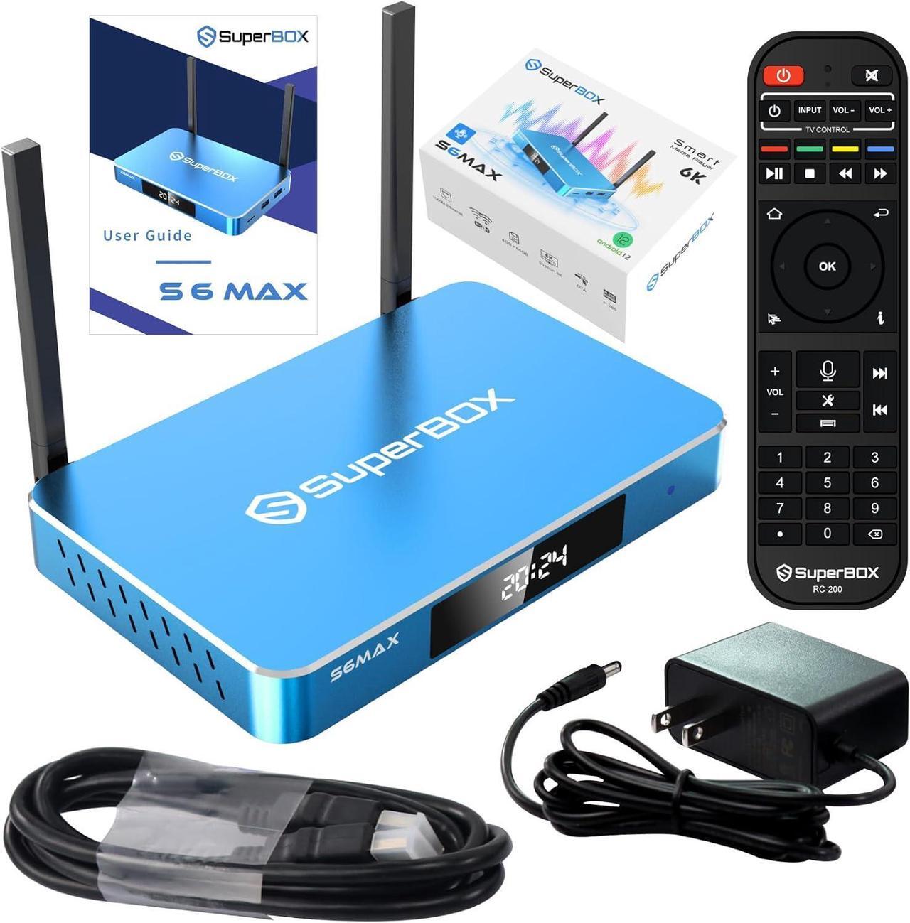 Main image of Superbox S6 Max Android TV Box, 6K Smart Media Player with Voice Control, 4GB RAM + 64GB Storage, Dual-Band WiFi (2T2R), Includes Setup Guide & Phone Support, Free Channels, 2025 Edition