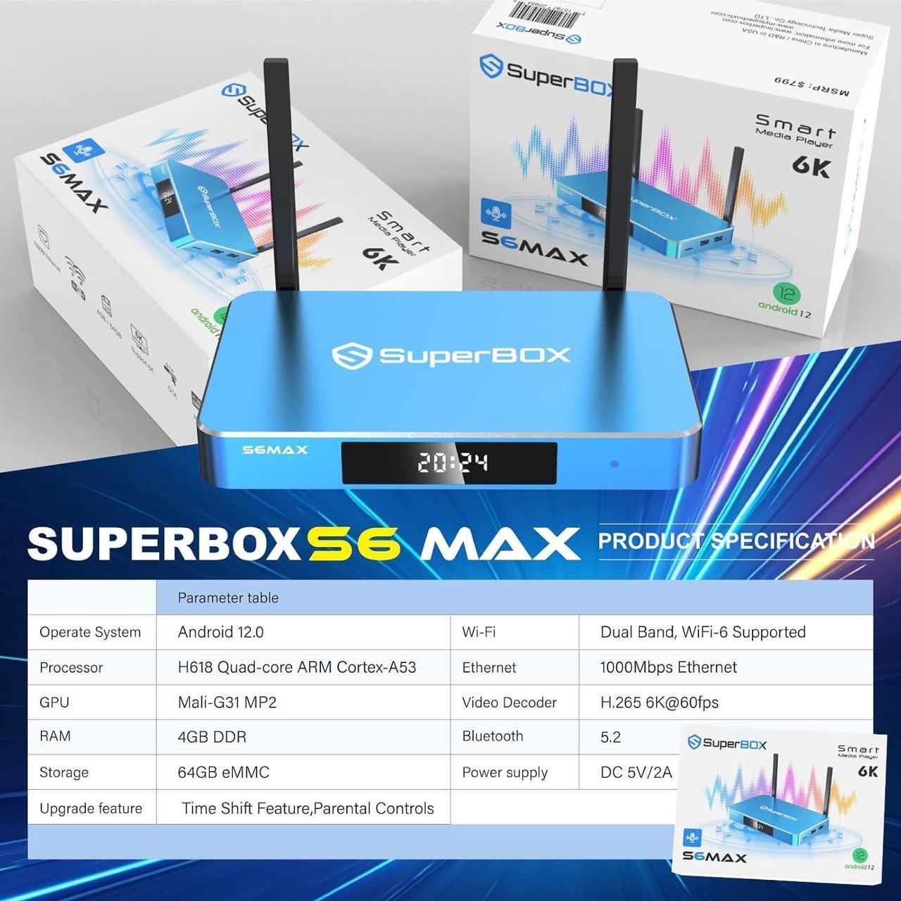 Alt view image 2 of 7 - Superbox S6 Max Android TV Box, 6K Smart Media Player with Voice Control, 4GB RAM + 64GB Storage, Dual-Band WiFi (2T2R), Includes Setup Guide & Phone Support, Free Channels, 2025 Edition