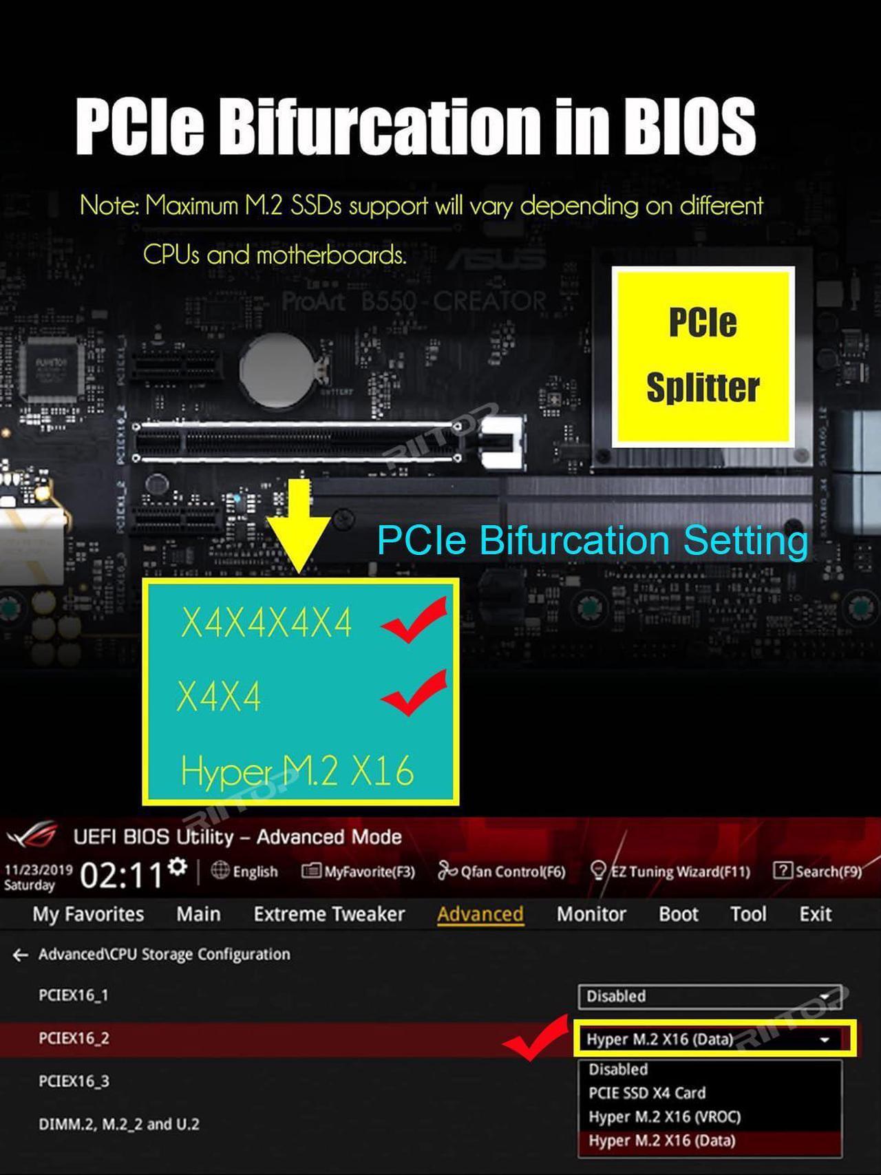 Alt view image 4 of 7 - Dual M.2 NVME PCIE Adapter Card, 2 x 32Gbps Full Speed PCIE 3.0 PCIE 4.0 X16 Expansion Card, M.2 SSD PCIE X8 M Key Hard Drive Converter Reader Express Adapter