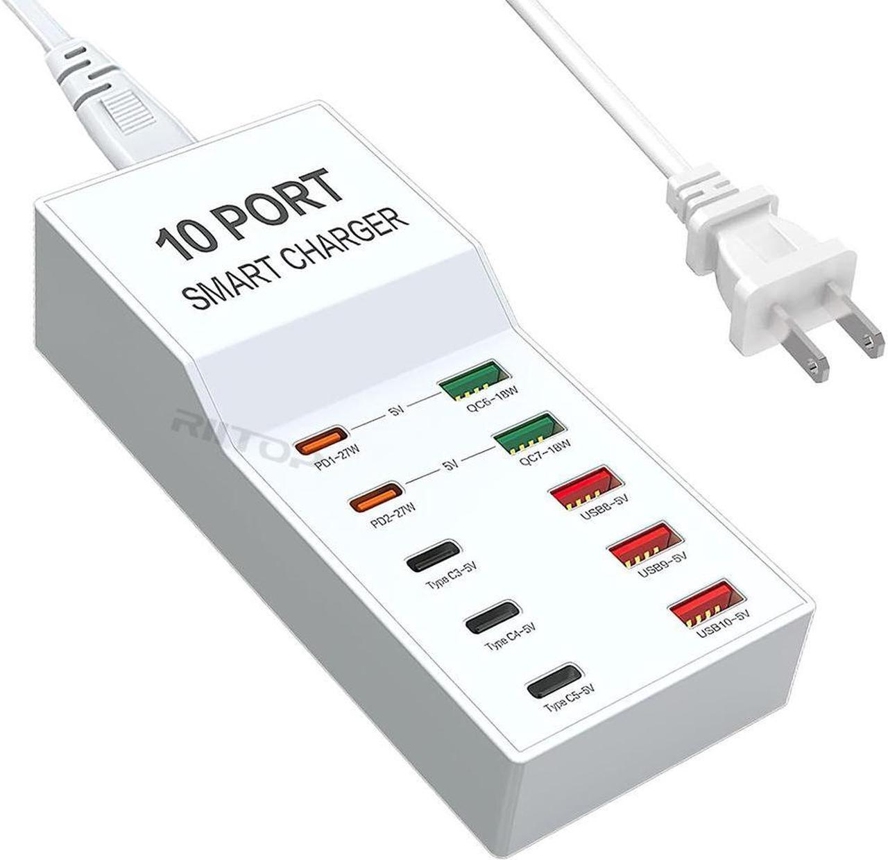 USB Wall Charger Block, 72W 10-Ports Charging Station Multiple Desktop USB C Charger with Fast PD QC for iPhone 15/14/13/13pro max 12/12/12 Mini/12Pro/12Pro, Tablet PC, Smartphone (5*USB-C, 5*USB-A)