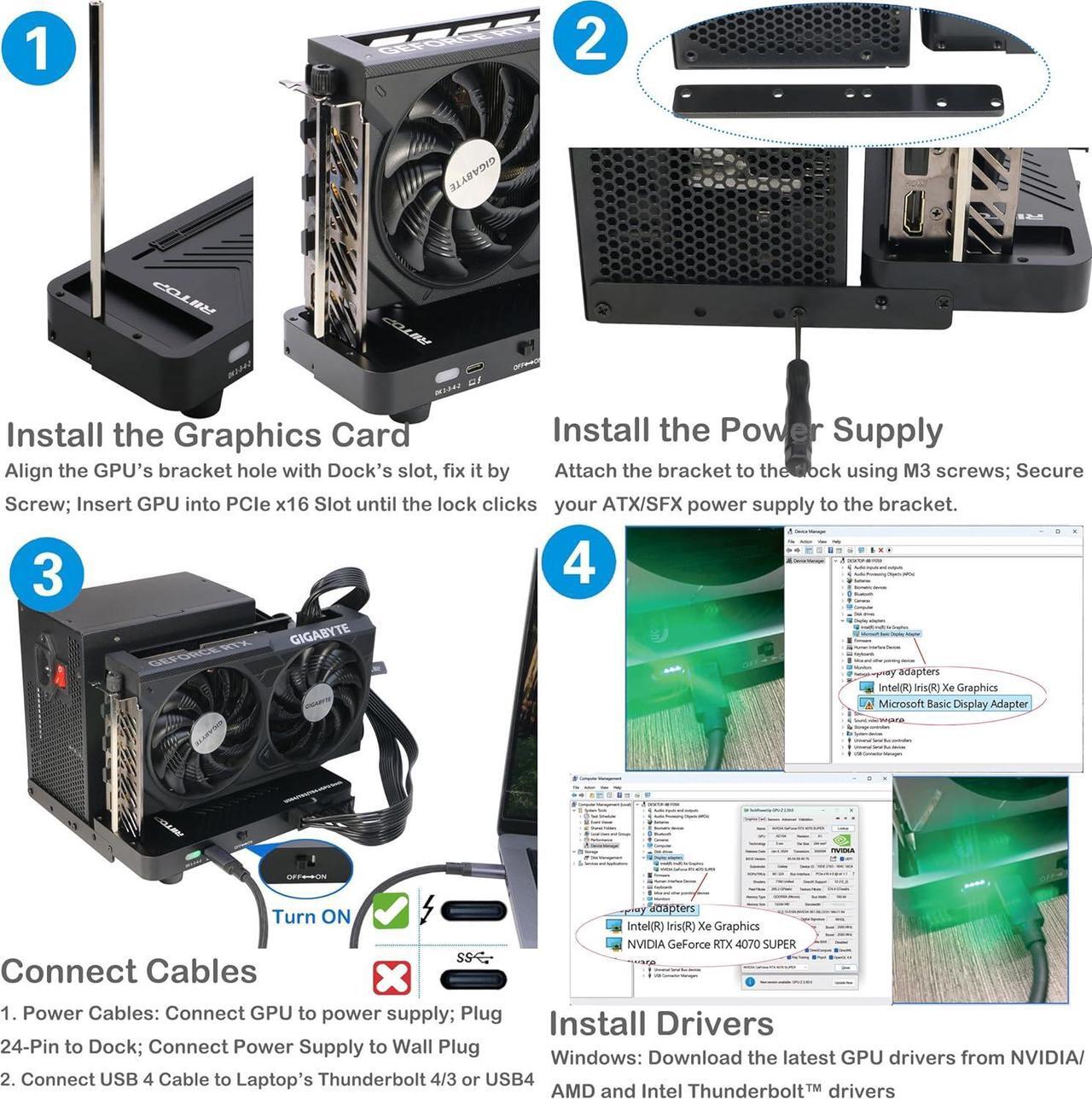 Alt view image 6 of 7 - RIITOP External GPU Docking Station, 40Gpbs eGPU Enclosure USB4.0 Compatible with Thunderbolt 4/3 External GPU Dock for PCIe 4.0 X16 Graphics Card