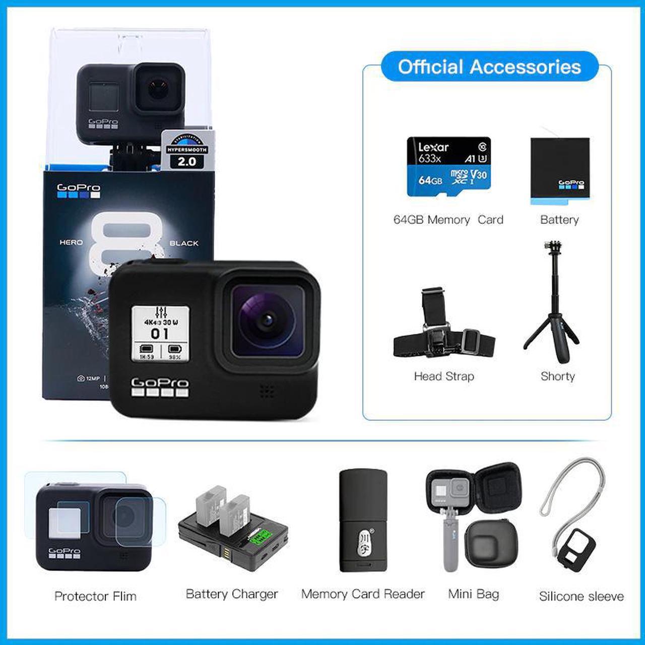 HERO 8 Black Special Bundle Waterproof Sports Action Camera 4K Video 12MP Photos 1080p Live Streaming  Hero8 Cam