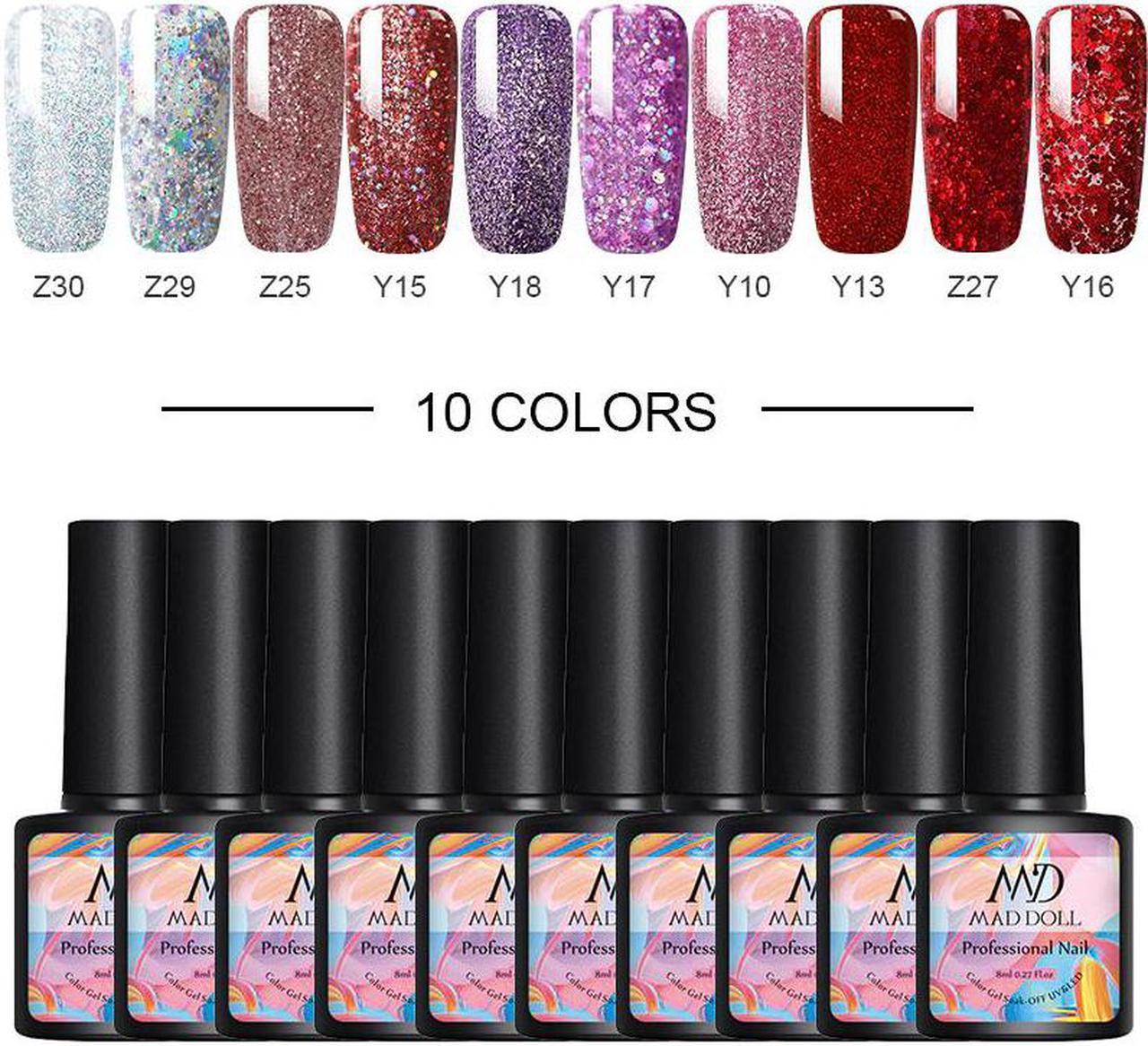 DOLL10 Pcs/Set Glitter Color Nail Gel Polish Set LED Semi Permanent UV Lamp Top Base Coat Soak Off Nail Art Set