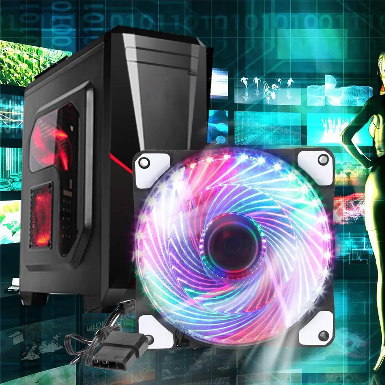 Alt view image 2 of 5 - Computer 33 LED Lights 120mm Silent Fan 12V Luminous 3Pin 4Pin Plug Computer Case Heatsink Cooler Cooling Fan