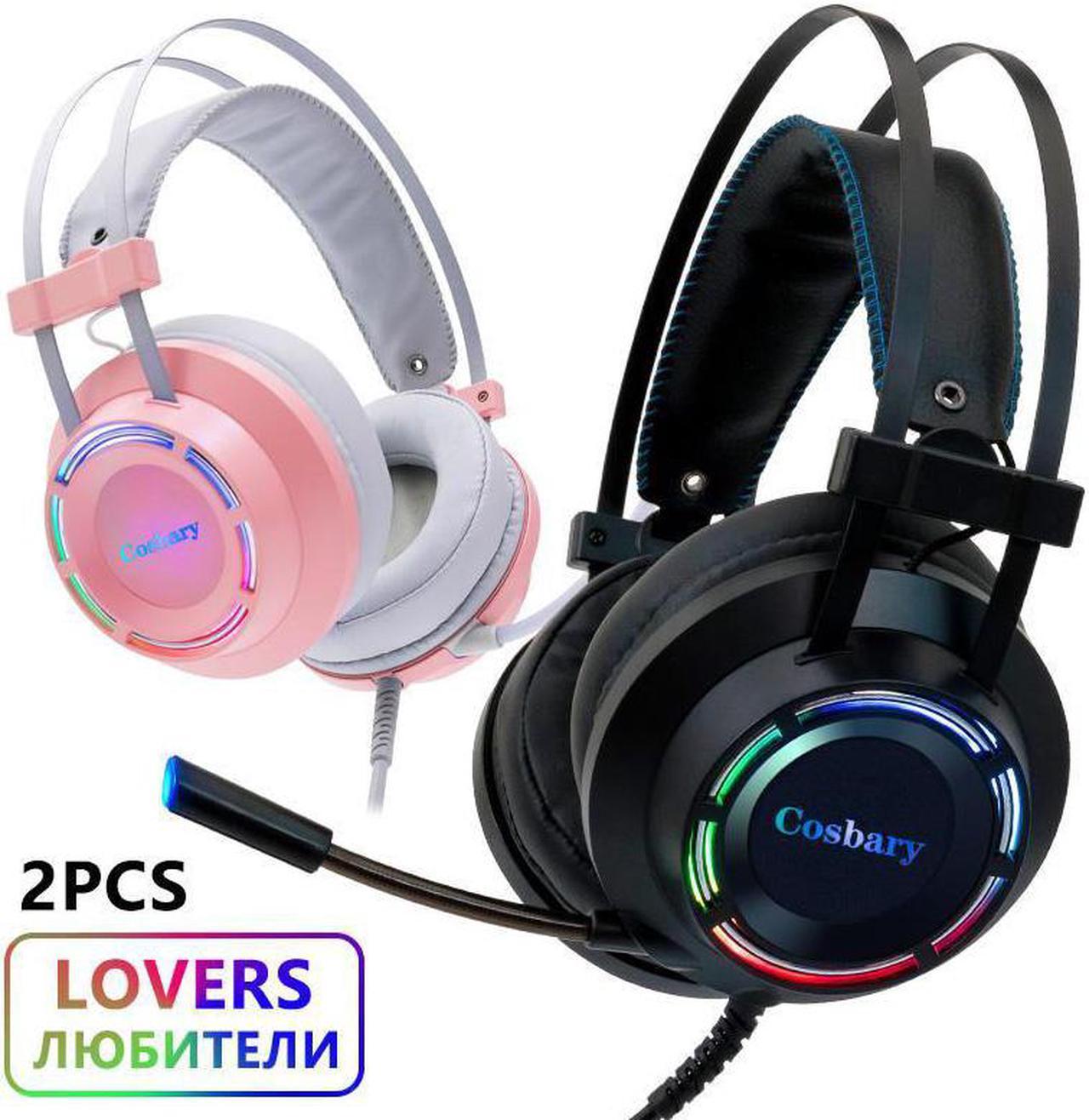 Gaming Headset 2PCS Combo Headphones Pink with Mic Wired 7.1 Surround Sound RGB Light Gift for Lover for PC Gamer Laptop