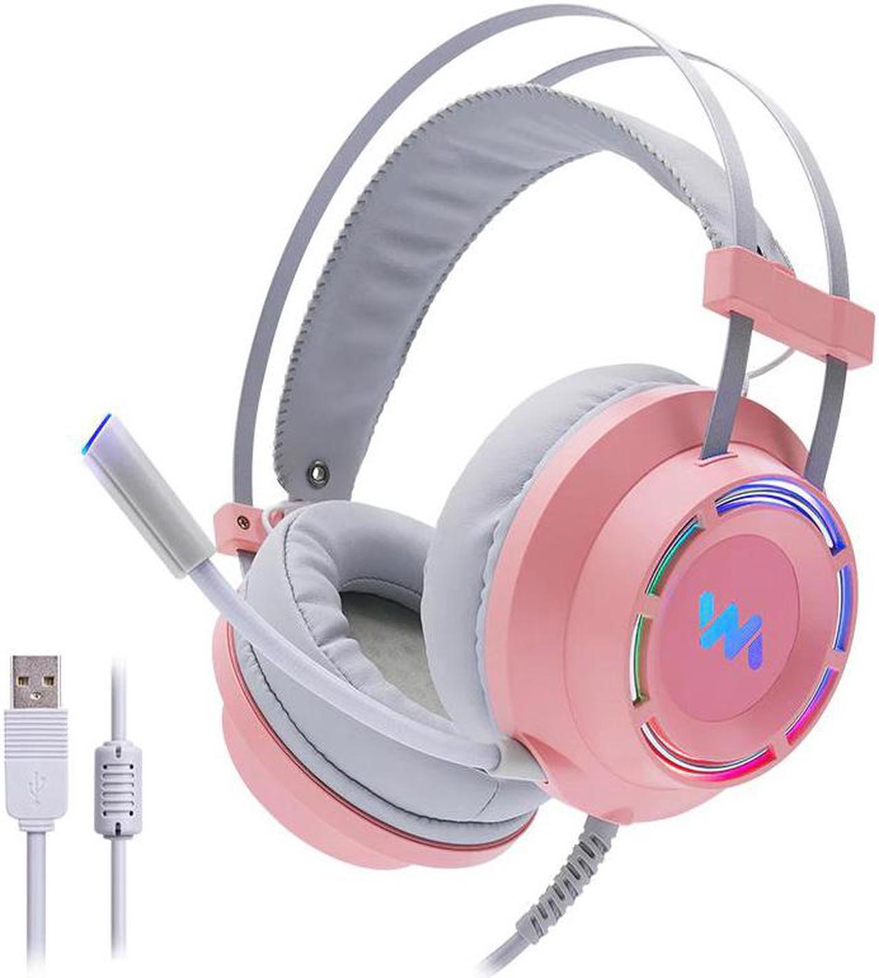 Headphones Headset Pink With Microphone USB Wired 7.1 Surround Sound Led Light for PC Gamer Computer Laptop Xbox