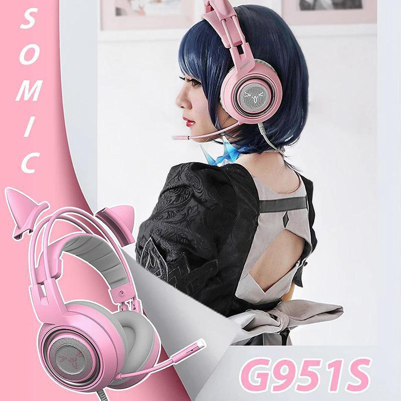 G951S Pink Gaming Headset Cat Earphone Noise Reduction Deep Bass 3.5mm Headphone With Mic for PUBG LOL Computer Gamer