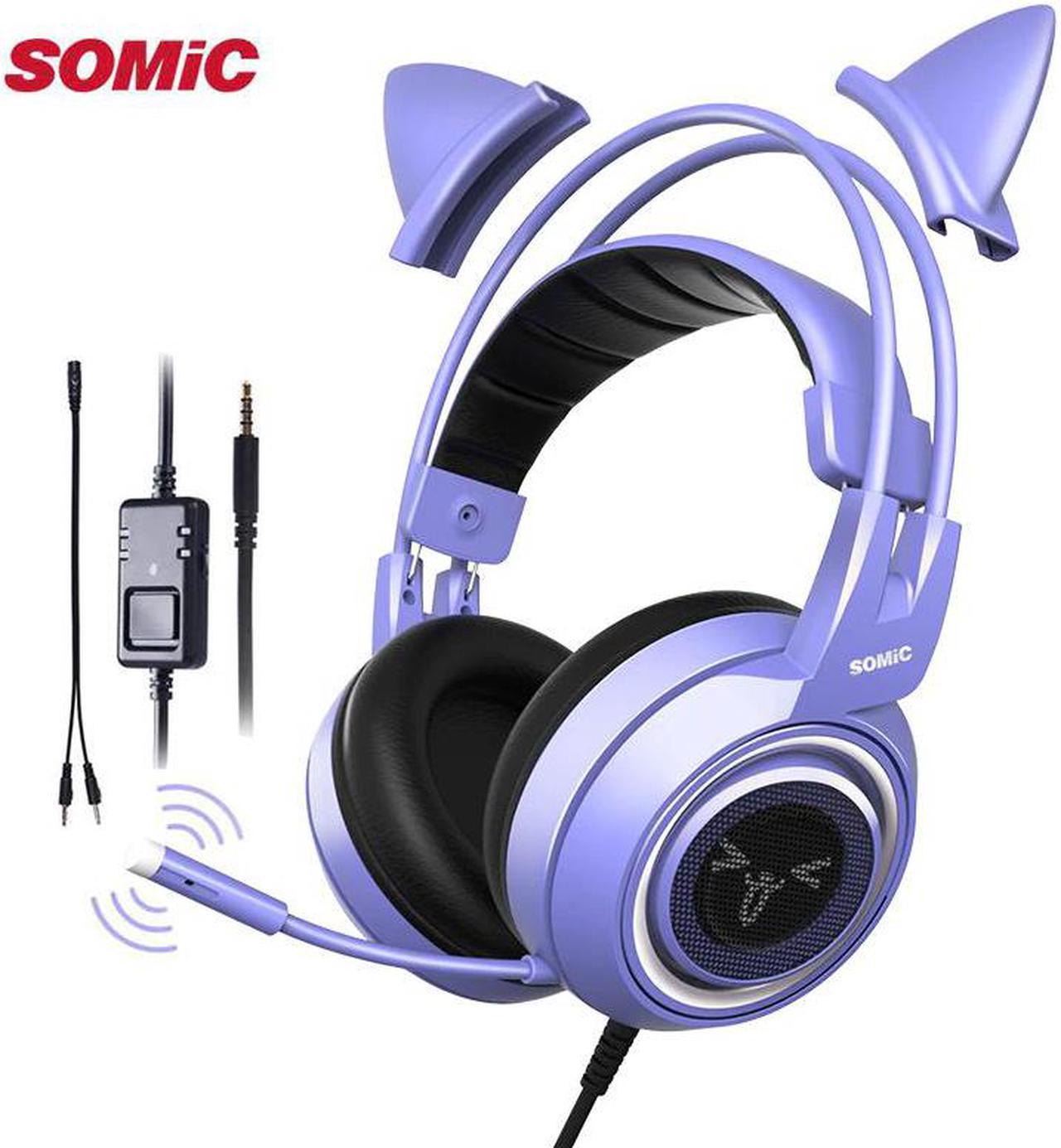 Gaming Headset with Mic G951S Purple Stereo for PS4 PC Phone Detachable Cat Ear Headphone 3.5MM Noise Reduction Women Gift