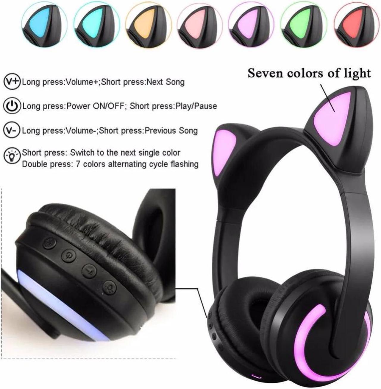 Alt view image 5 of 5 - Bluetooth Stereo Cat Ear Headphones Flashing Glowing cat ear headphones Gaming Headset Earphone 7 Colors LED light