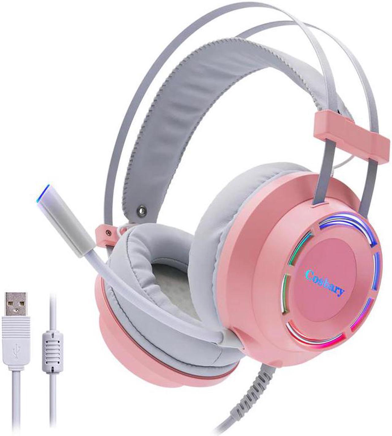 Gaming Headphones Pink Lovely Headset with Microphone USB Wired 7.1 Surround Sound Led Light for PC Gamer Laptop