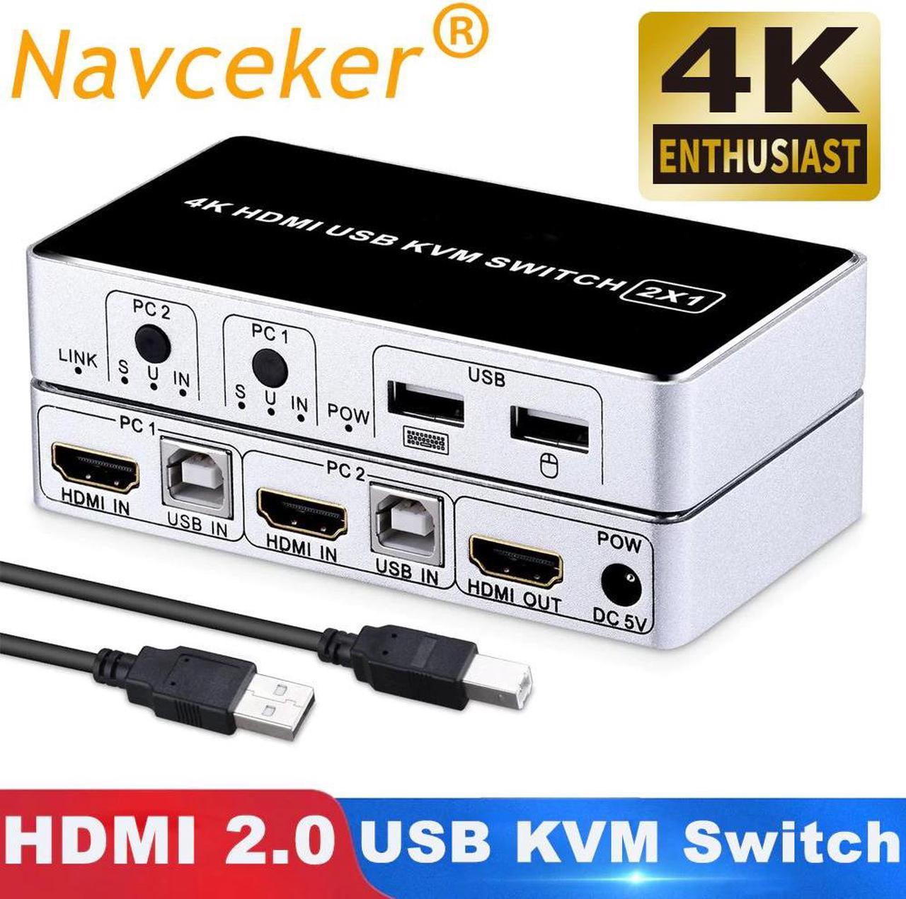 2020 4K 60Hz KVM Switch  2 Port  KVM Switch USB PC Computer KVM Switch Keyboard Mouse Switcher Box for Laptop,PS4,Xbox