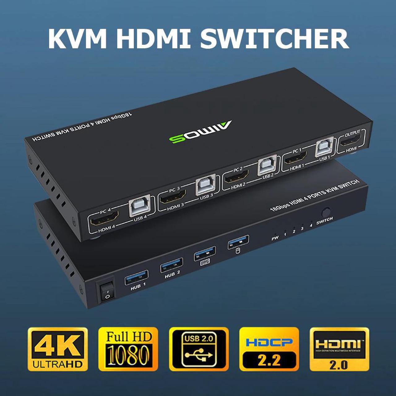 KVM Switch 4 Port 4K USB Switcher Splitter Box for Sharing Monitor Printer Keyboard Mouse Adaptive EDID/HDCP KVM Switch