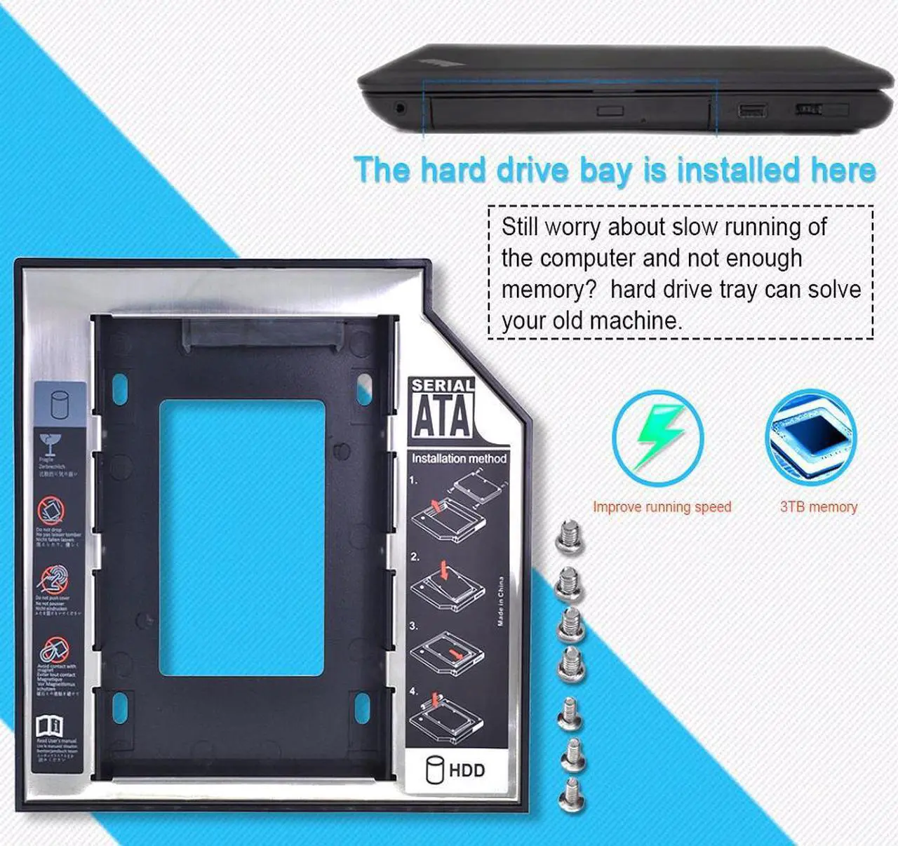 Alt view image 5 of 5 - Universal 2nd HDD/SSD/DVD Caddy 12.7mm SATA 3.0 2.5 Hard Drive Caddy Adapter DVD SSD For Laptop Optical Bay HDD Case