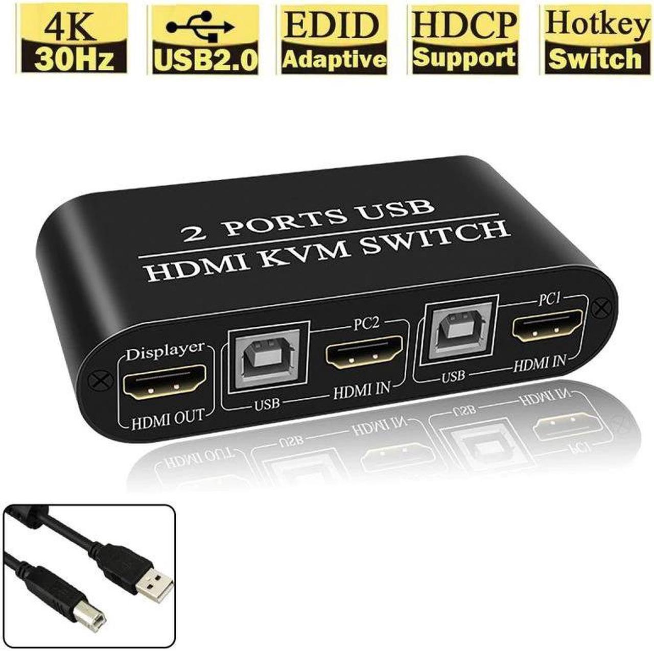 KVM Switch Port Box 3 USB 2.0 Hub UHD 4K 30Hz 2 In 1 Out Hot Key Switch