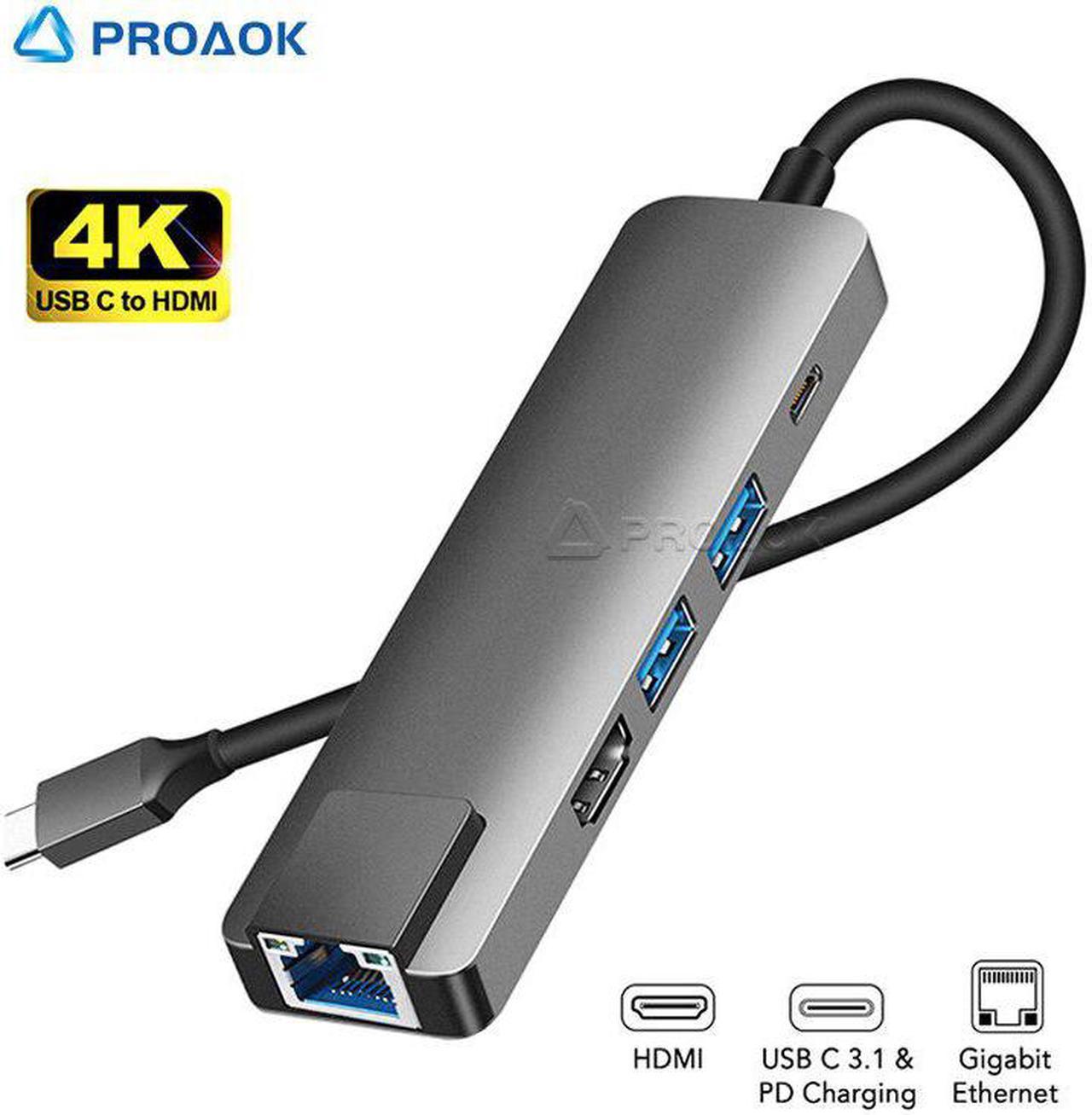 4K USB Type C Hub to Gigat Ethernet Rj45 Lan 5 in 1 USBC Hub to HDMI USB3.0 Adapter for Mac book Pro Thunderbolt 3 Converter