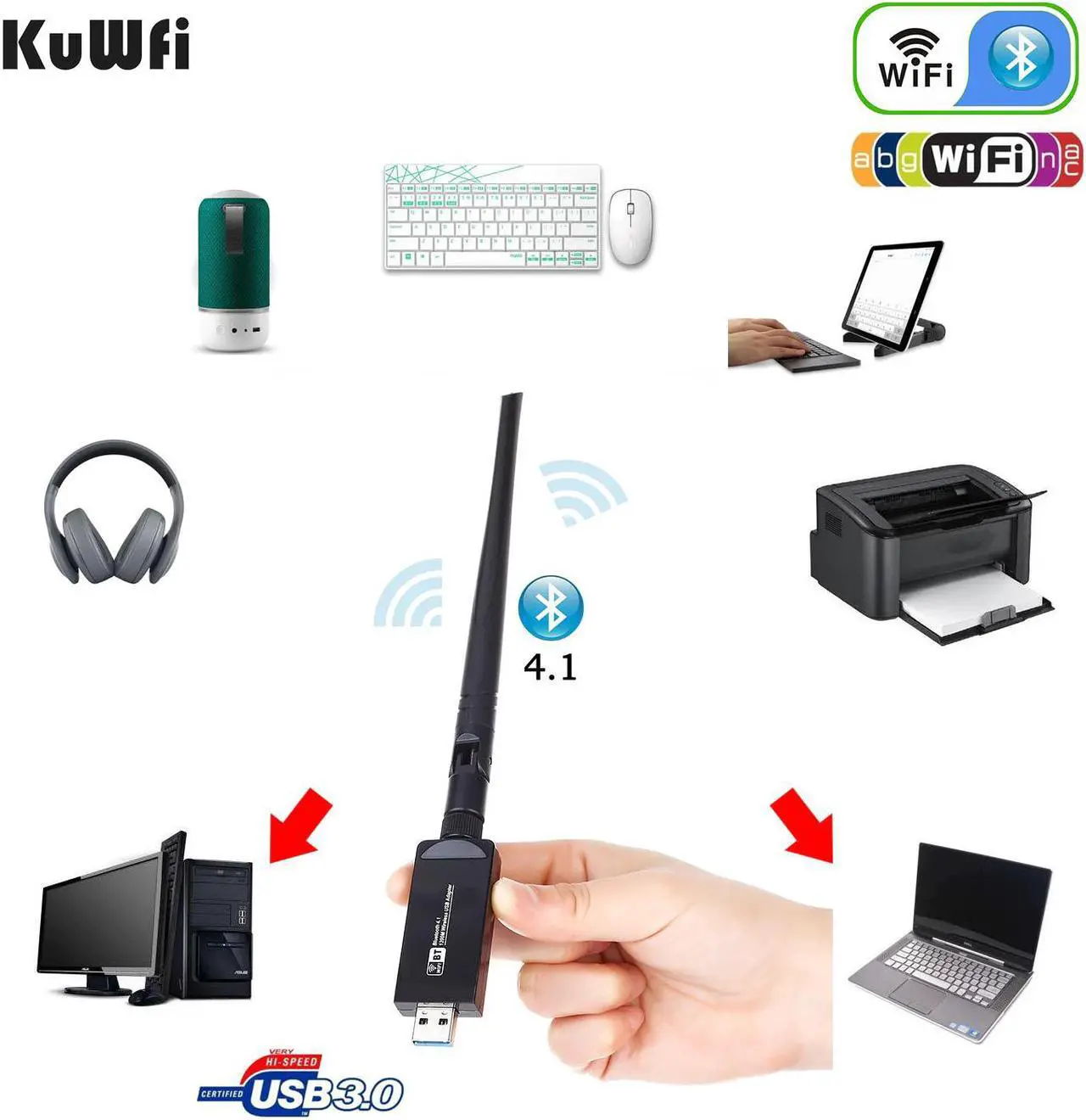 Alt view image 4 of 5 - Wireless WiFi Bluetooth Adapter AC1200 USB 3.0 WiFi Dongle Dual Band 2.4G/5.8G Network Adapter & Bluetooth 4.1 Transmitter