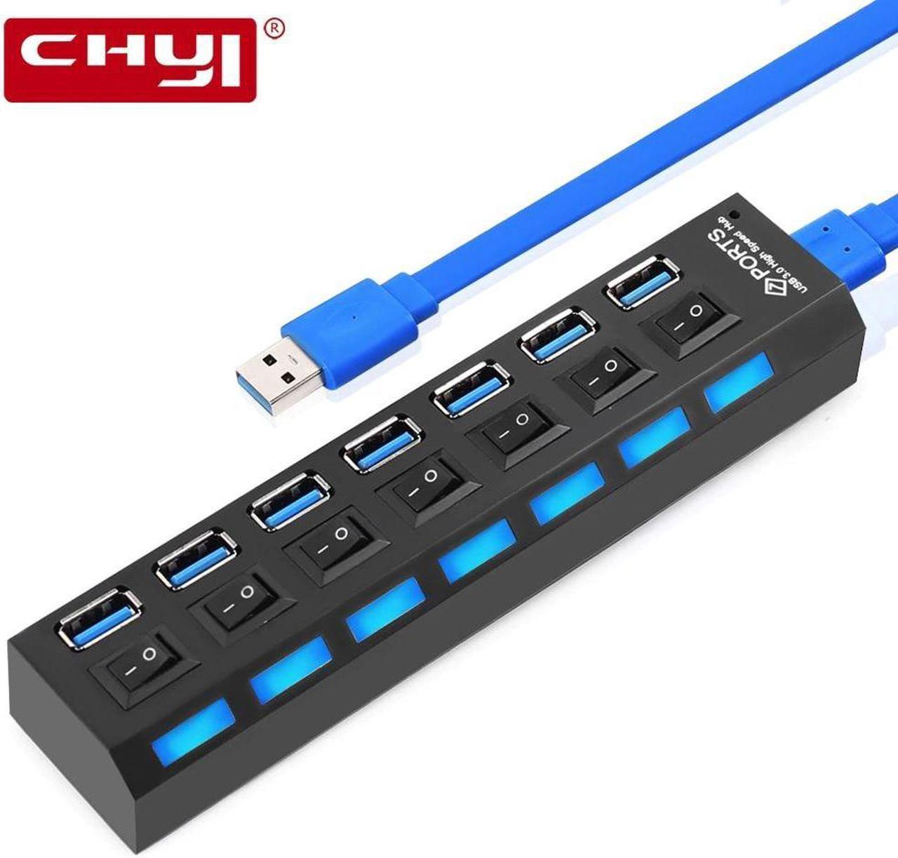 7 in 1 USB 3.0 HUB LED Indicator and ON/OFF Switch Super Speed Up to 5Gbps Extra Power Input USB3.0 Splitter Adapter For PC