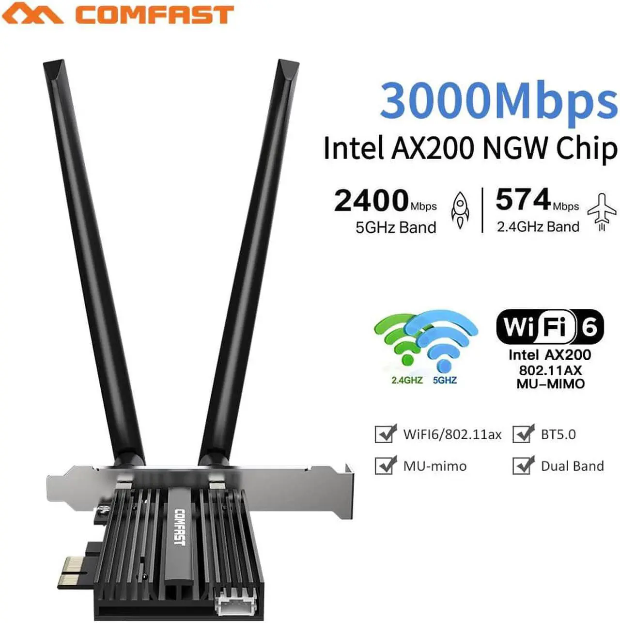 Alt view image 3 of 5 - 3000Mbps Dual Band Wireless Desktop PCIe For  AX200 Pro Card 802.11ax 2.4G/5Ghz Bluetooth 5.0 PCI Express WiFi 6 Adapter