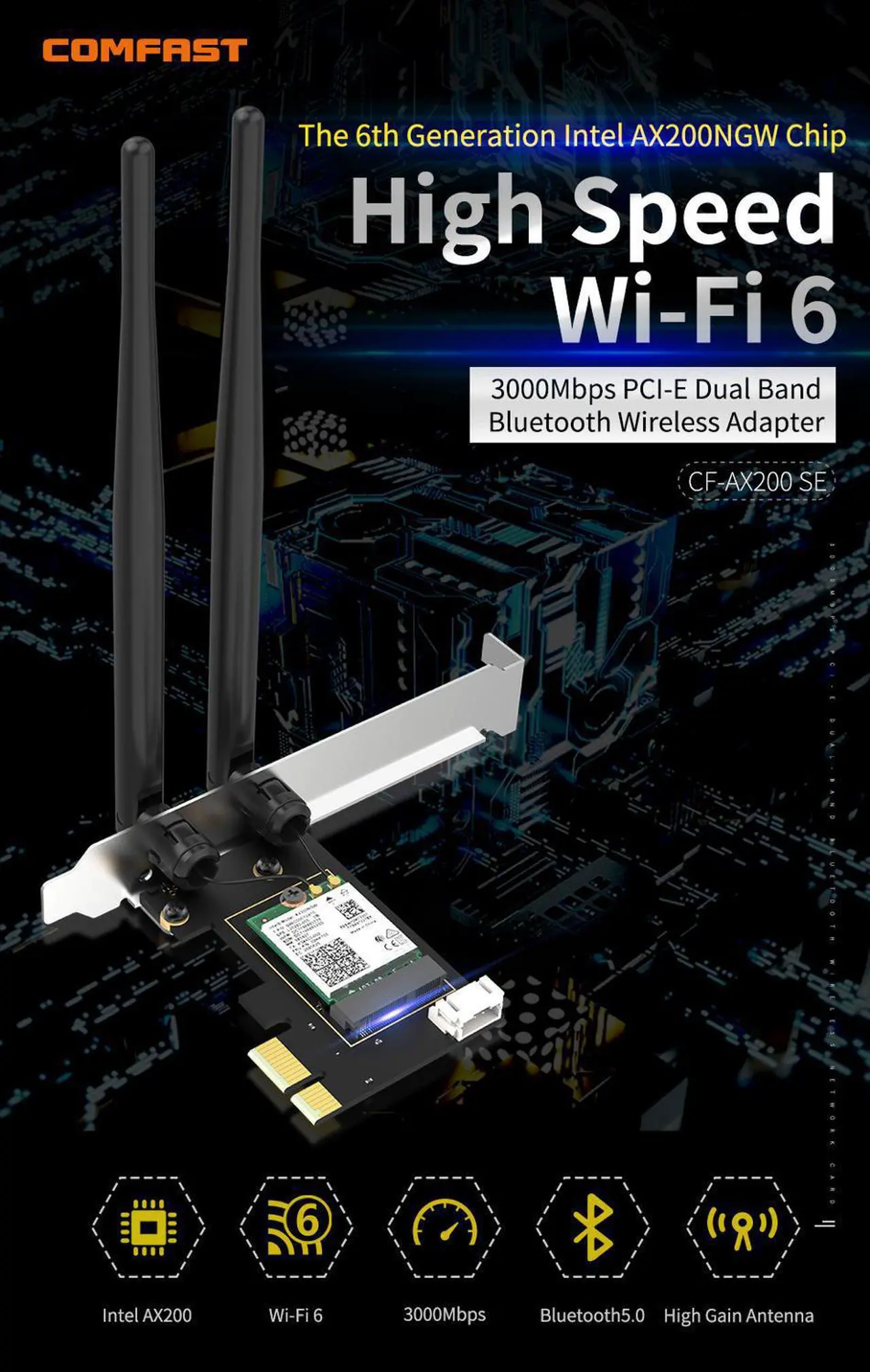Alt view image 2 of 5 - 3000Mbps Dual Band Wireless Desktop PCIe For  AX200 Pro Card 802.11ax 2.4G/5Ghz Bluetooth 5.0 PCI Express WiFi 6 Adapter