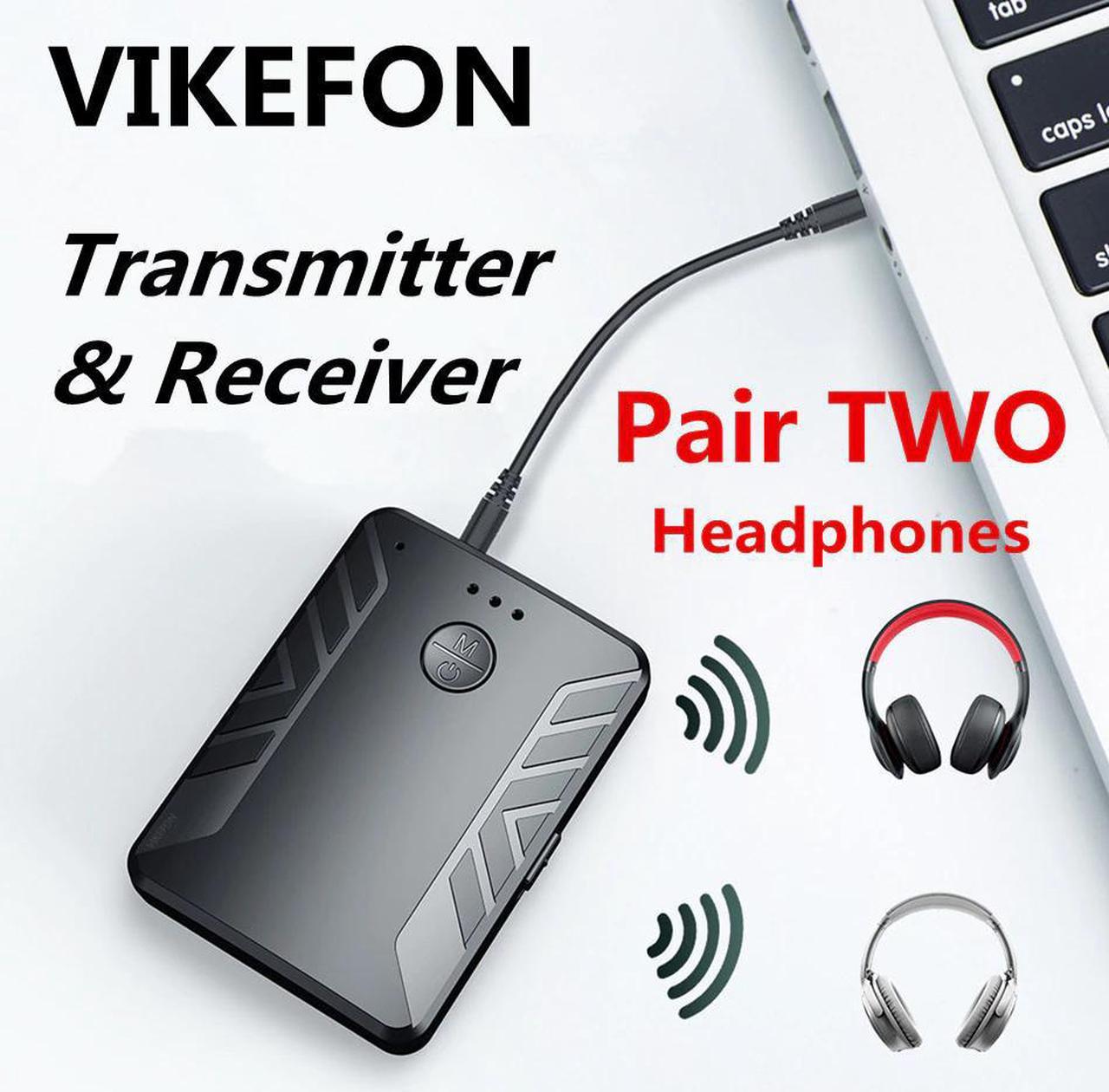 5.0 Audio Transmitter Receiver Pair with TWO Headphones with Mic 3.5mm AUX RCA Wireless Adapter for TV PC Car Speaker