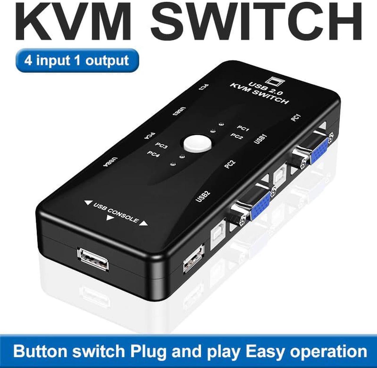 KVM VGA Switcher 4 Ports  2.0 KVM Switch Box Adapter One-Button Swapping For Computer, Keyboard, Mouse, Scanner, Printer