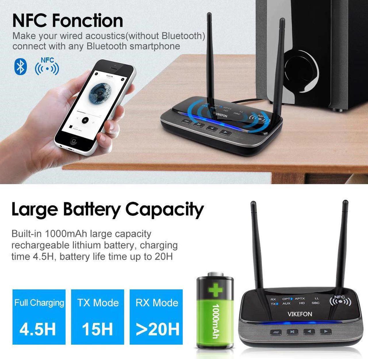 Alt view image 3 of 5 - For VIKEFON Long Range Bluetooth 5.0 Audio Transmitter Receiver With NFC HD Apt-X Low Latency Wireless Adapter For TV PC Car