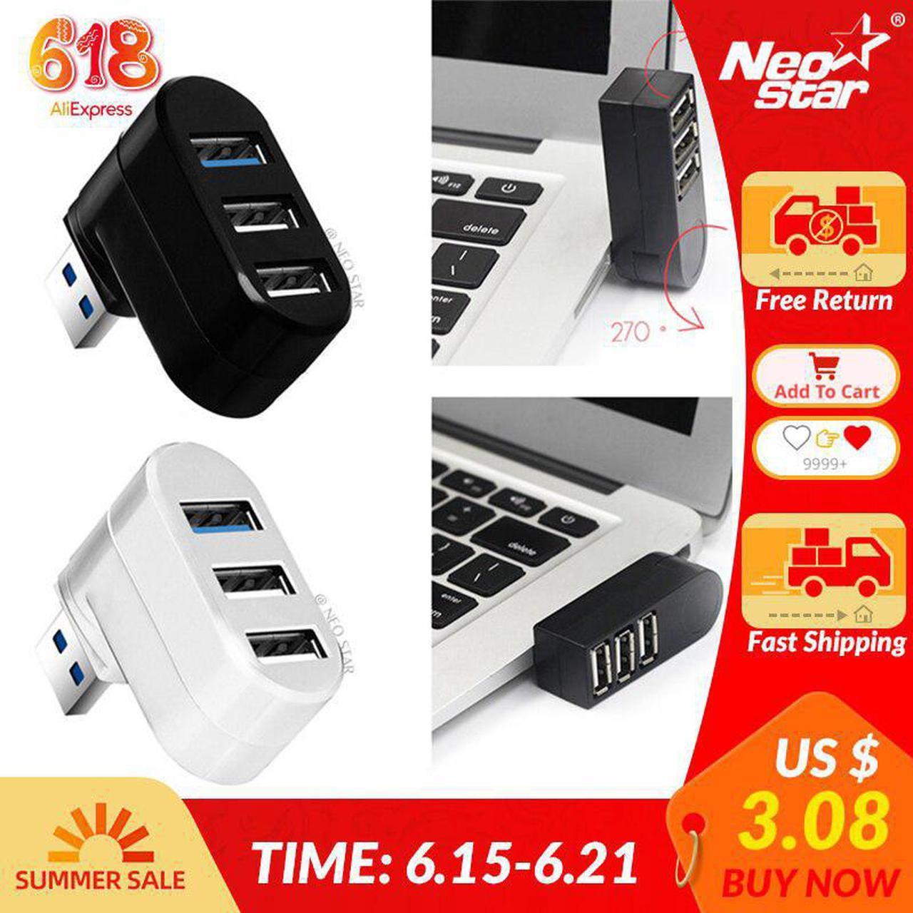 High Speed 3 Ports Hub USB 2.0 3.0 Mini Rotate Splitter Adapter for Laptop para PC Notebook Rotatable 270 degrees Hub Peripheral