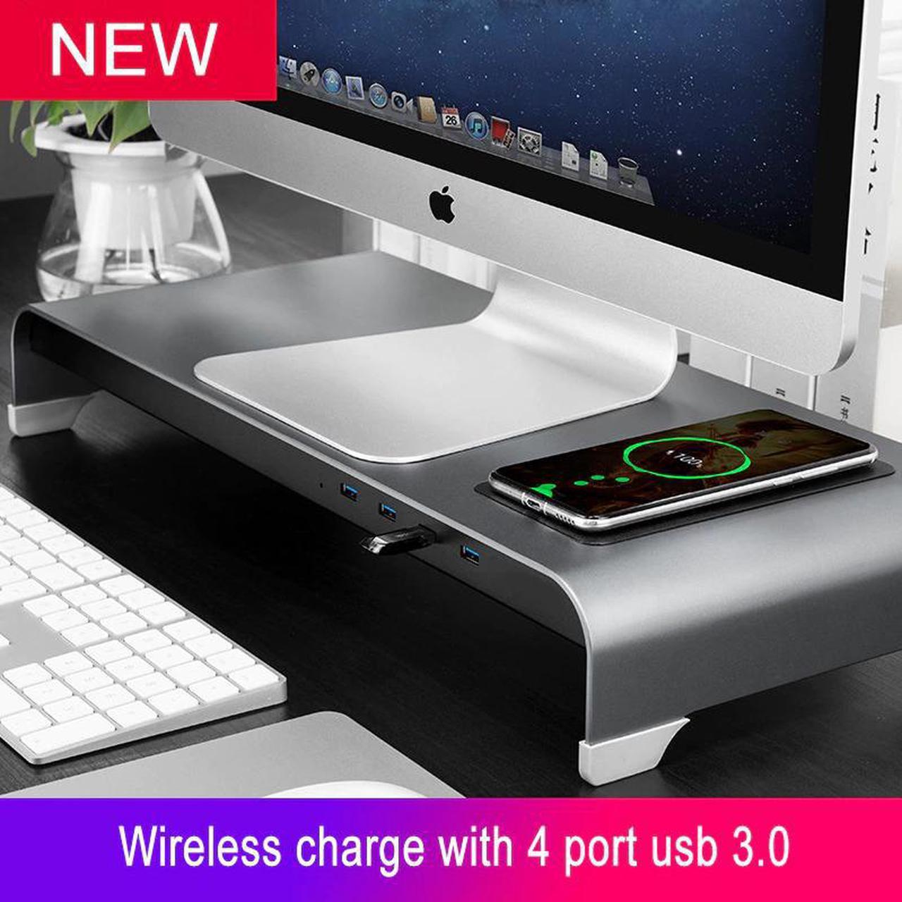 Alloy Monitor Stand Computer Base Table wireless charge With 4 Usb 3.0 desk HUB Laptop Desk Stand