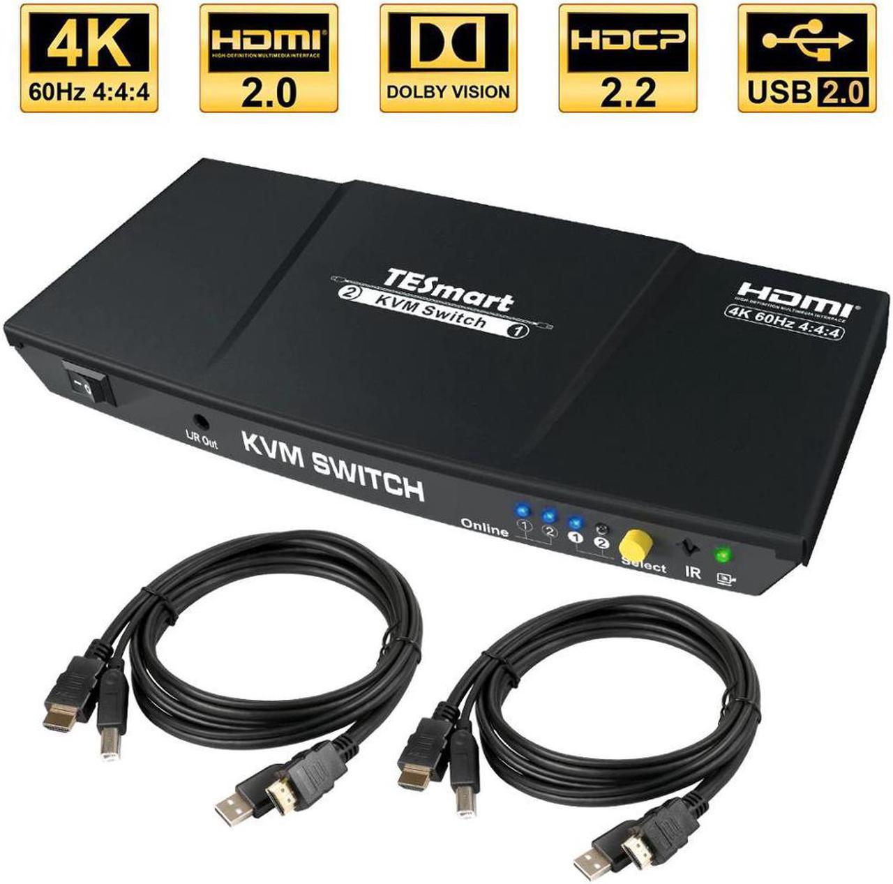 KVM Switch  2 Ports USB2.0 KVM  Switch 4K@60Hz with 2 Pcs 5ft KVM Cables Switcher Support USB 2.0 Device Control 2PC