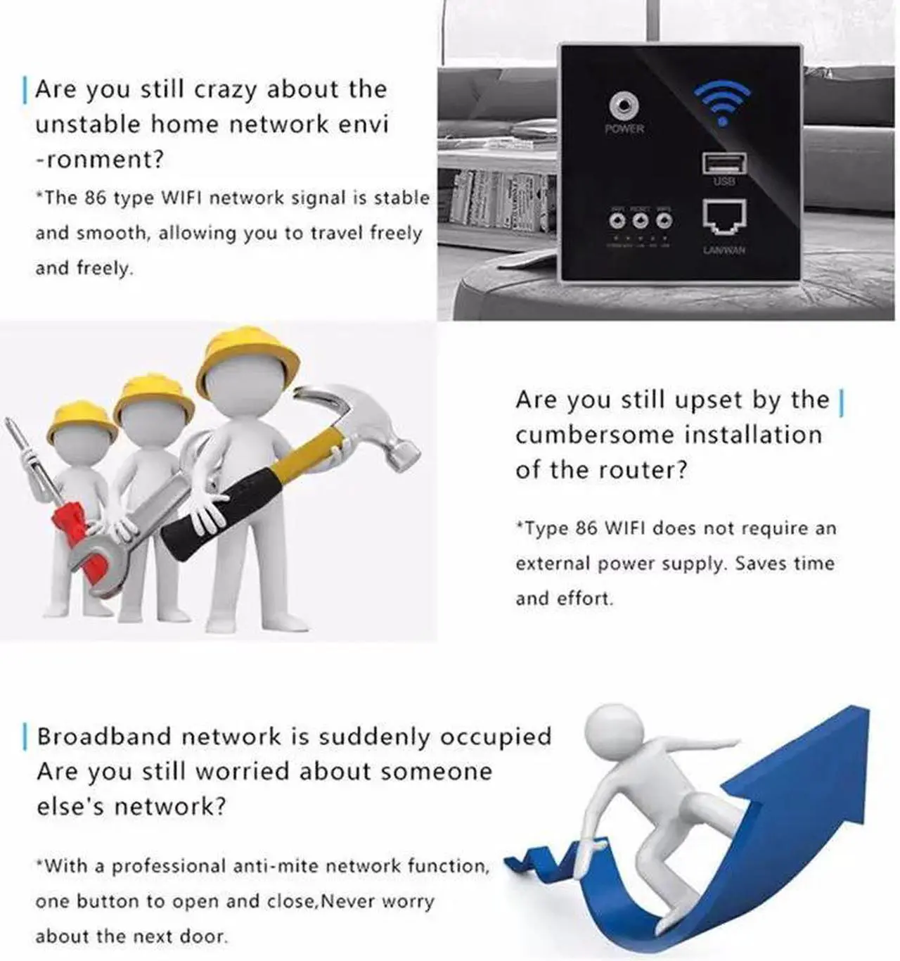 Alt view image 5 of 5 - 300Mbps Wall Router 110V/220V Power Ap Relay Smart Wireless Wifi Repeater Extender Wall Embedded 2.4Ghz Router Panel Usb Socket