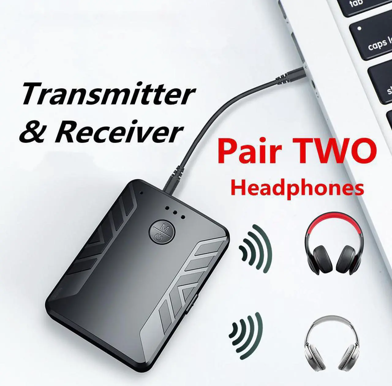 Main image of Bluetooth 5.0 Audio Transmitter Receiver Pair with TWO Headphones 3.5mm AUX RCA Wireless Adapter for TV PC Car Speaker