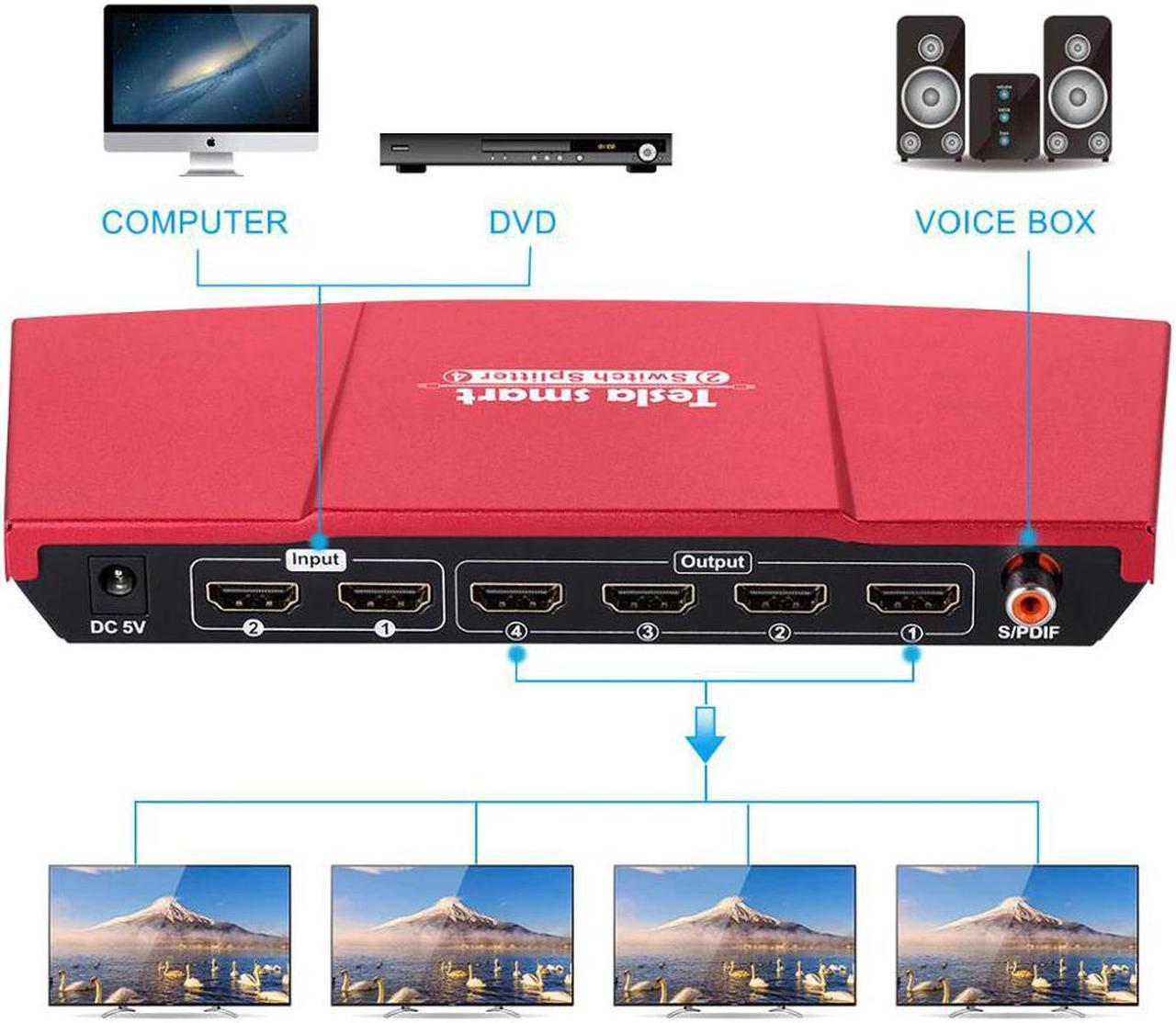 Aluminum High Quality UHD 4K 2 In 4 Out  Switch Splitter 2x4 with SPDIF Output IR