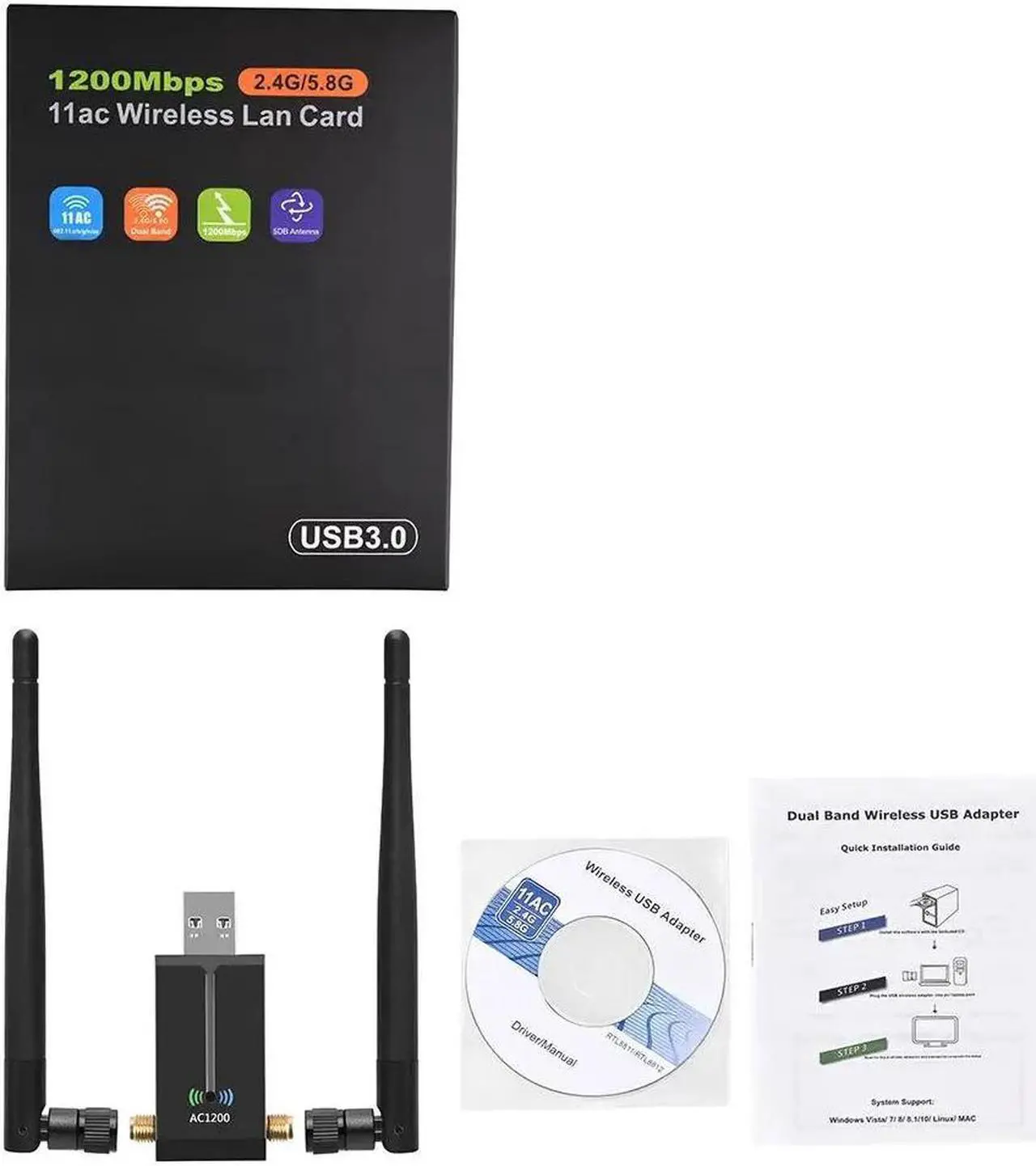 Alt view image 4 of 5 - USB WiFi Adapter  Network Card With Dual 5dBi Antennas 1200Mbps 2.4G/5.8G WiFi USB Computer Network Adapter