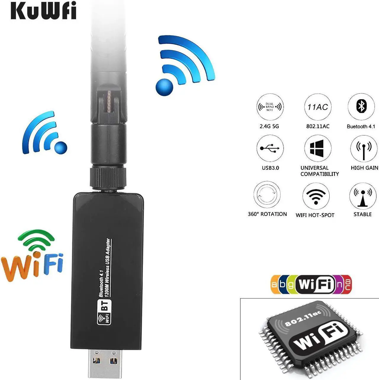Alt view image 2 of 5 - Wireless WiFi Bluetooth Adapter AC1200 USB 3.0 WiFi Dongle Dual Band 2.4G/5.8G Network Adapter & Bluetooth 4.1 Transmitter