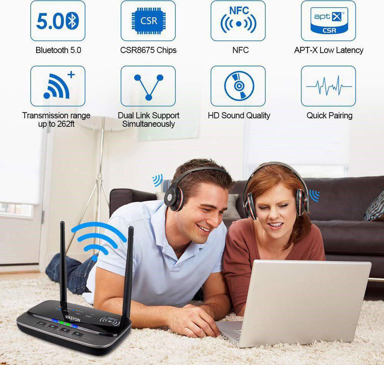 Alt view image 4 of 5 - For VIKEFON Long Range Bluetooth 5.0 Audio Transmitter Receiver With NFC HD Apt-X Low Latency Wireless Adapter For TV PC Car